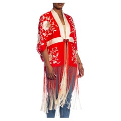 MORPHEW COLLECTION Red & Cream Silk Hand Embroidered Floral Cocoon With Ombré F