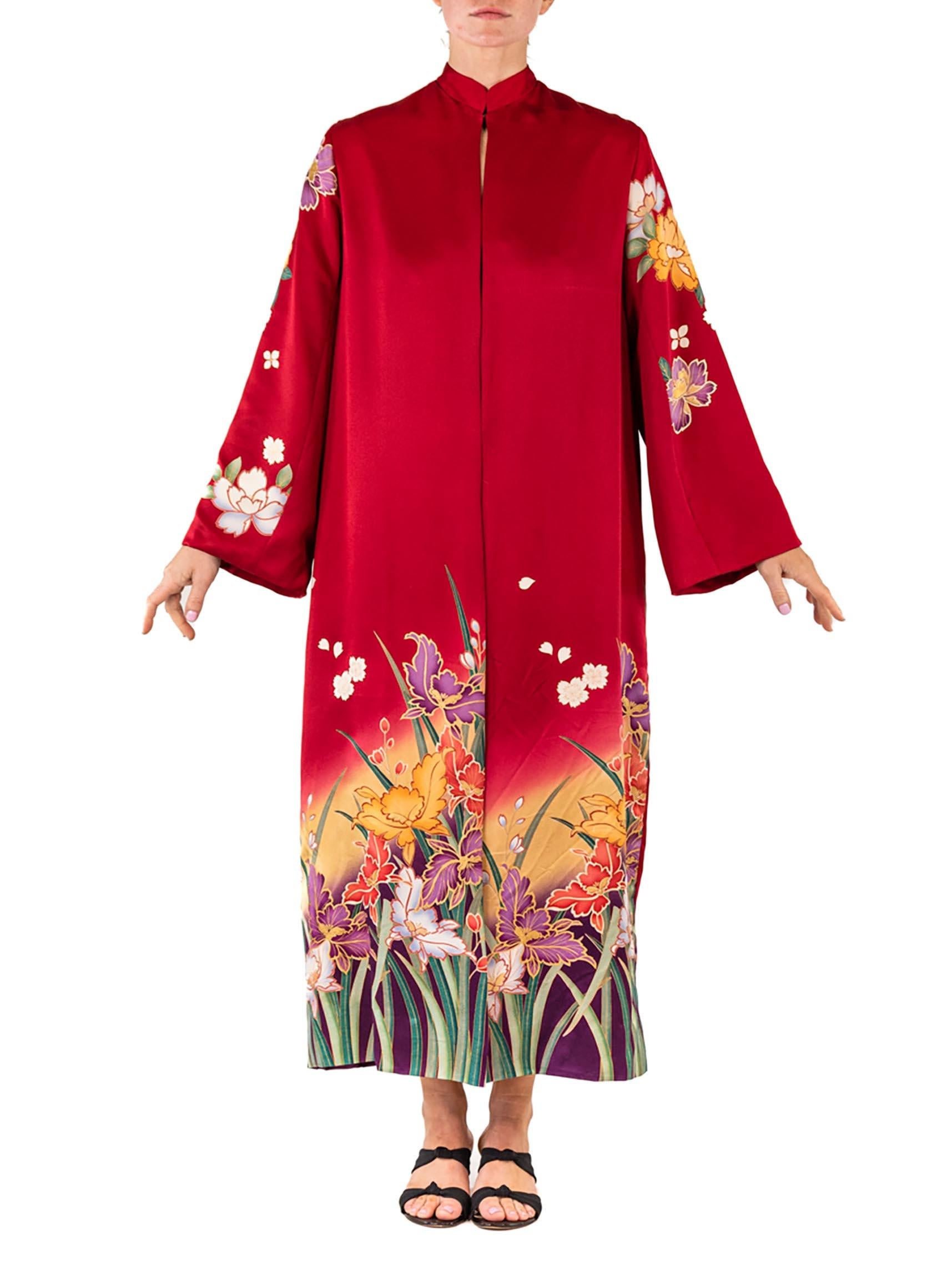 MORPHEW COLLECTION Red Floral Japanese Kimono Silk Duster For Sale 1