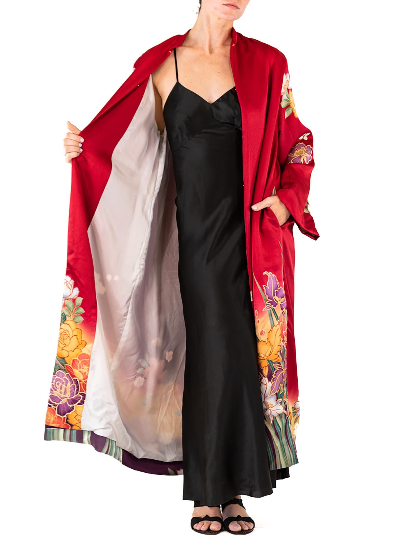 MORPHEW COLLECTION Red Floral Japanese Kimono Silk Duster For Sale 3