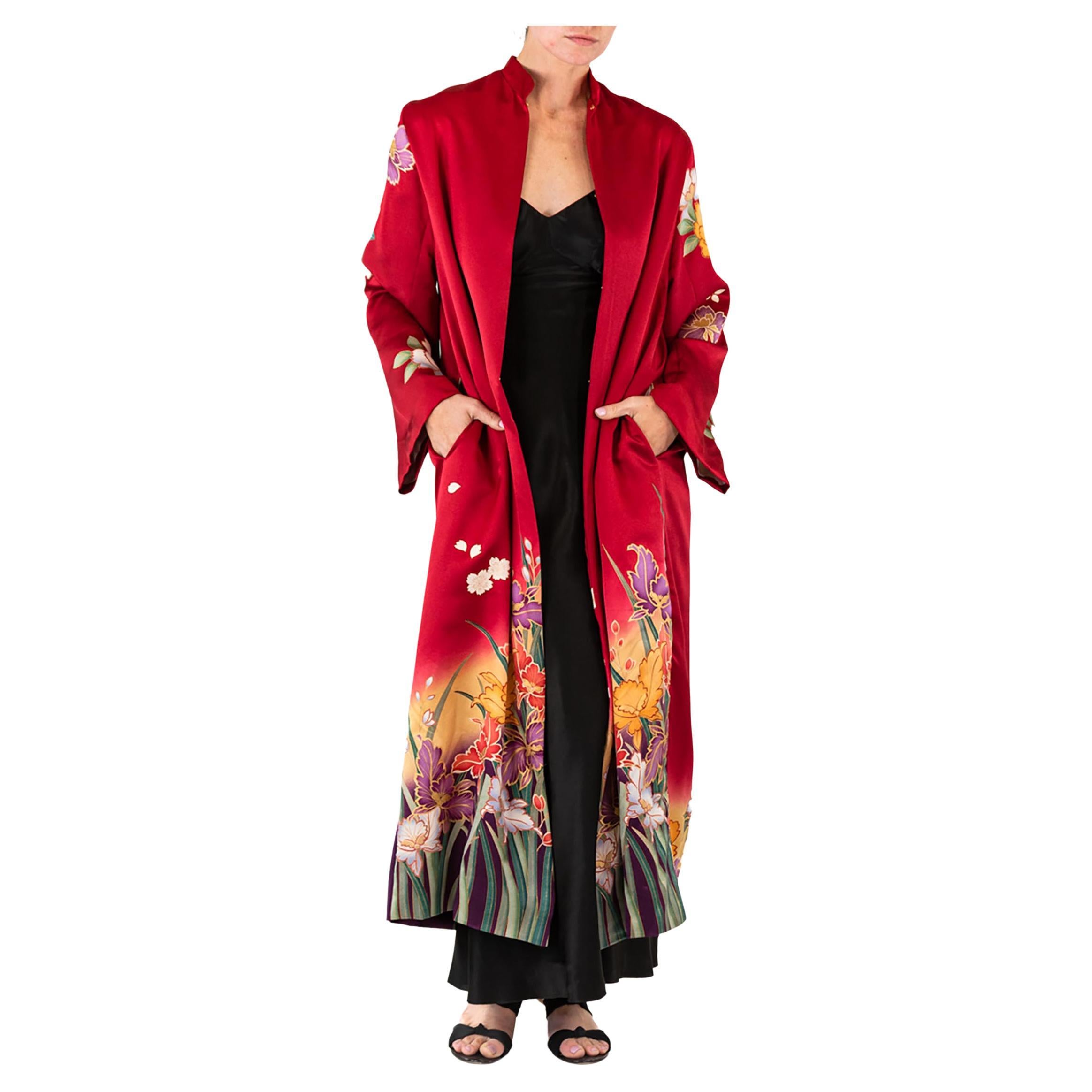 MORPHEW COLLECTION Red Floral Japanese Kimono Silk Duster For Sale