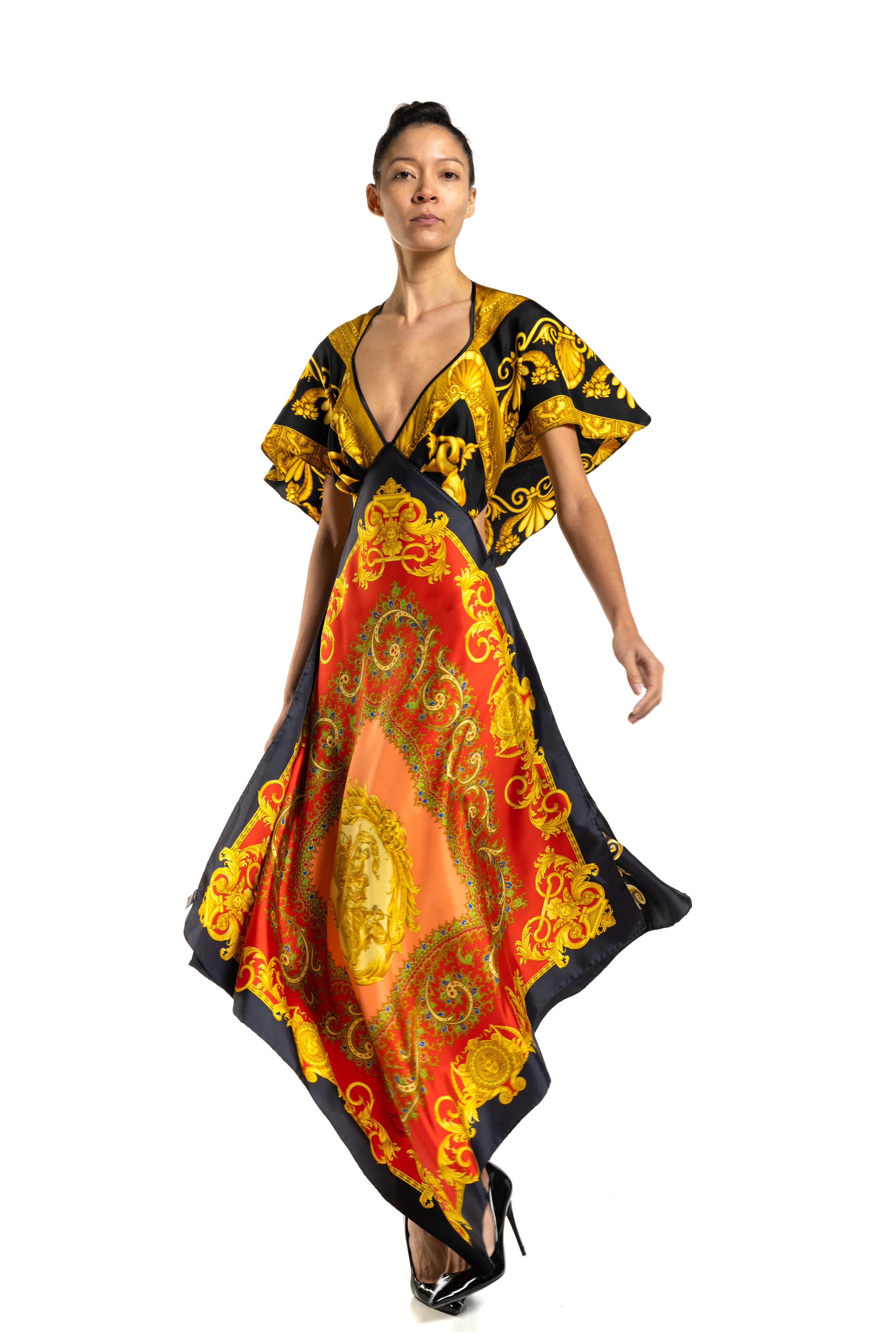 MORPHEW COLLECTION Red, Gold & Black Status Print Silk VERSACE 3-Scarf Dress For Sale 3