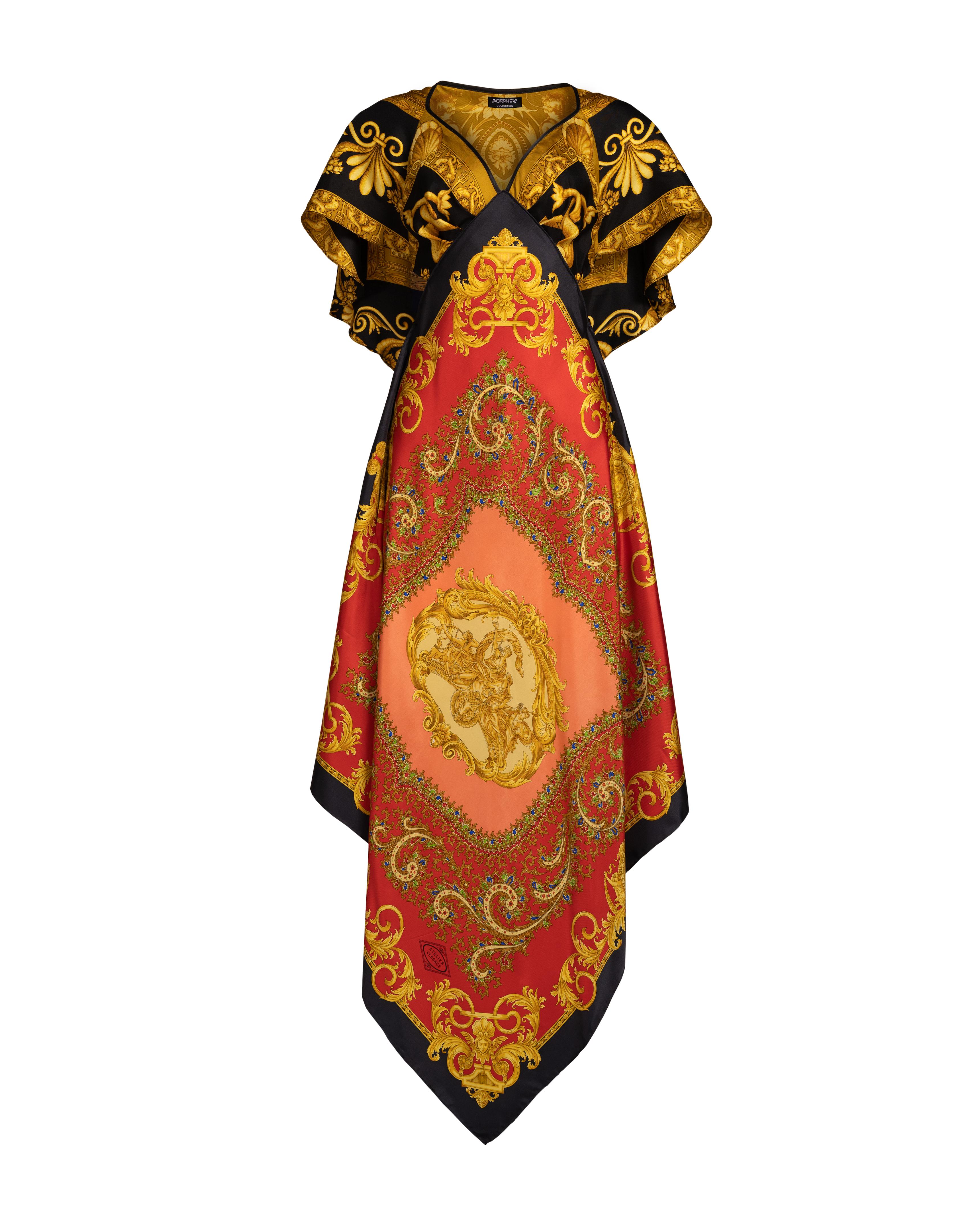 MORPHEW COLLECTION Red, Gold & Black Status Print Silk VERSACE 3-Scarf Dress For Sale 4