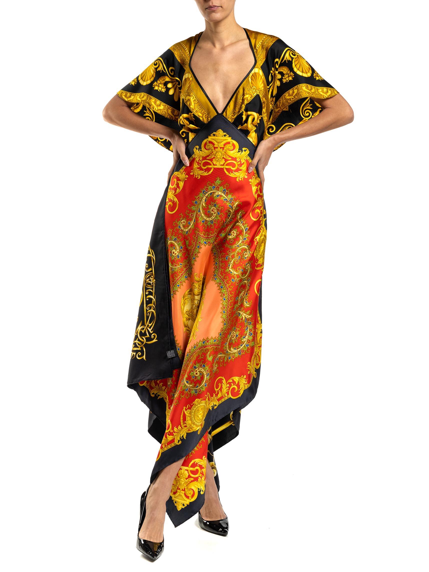 MORPHEW COLLECTION Red, Gold & Black Status Print Silk VERSACE 3-Scarf Dress In Excellent Condition For Sale In New York, NY