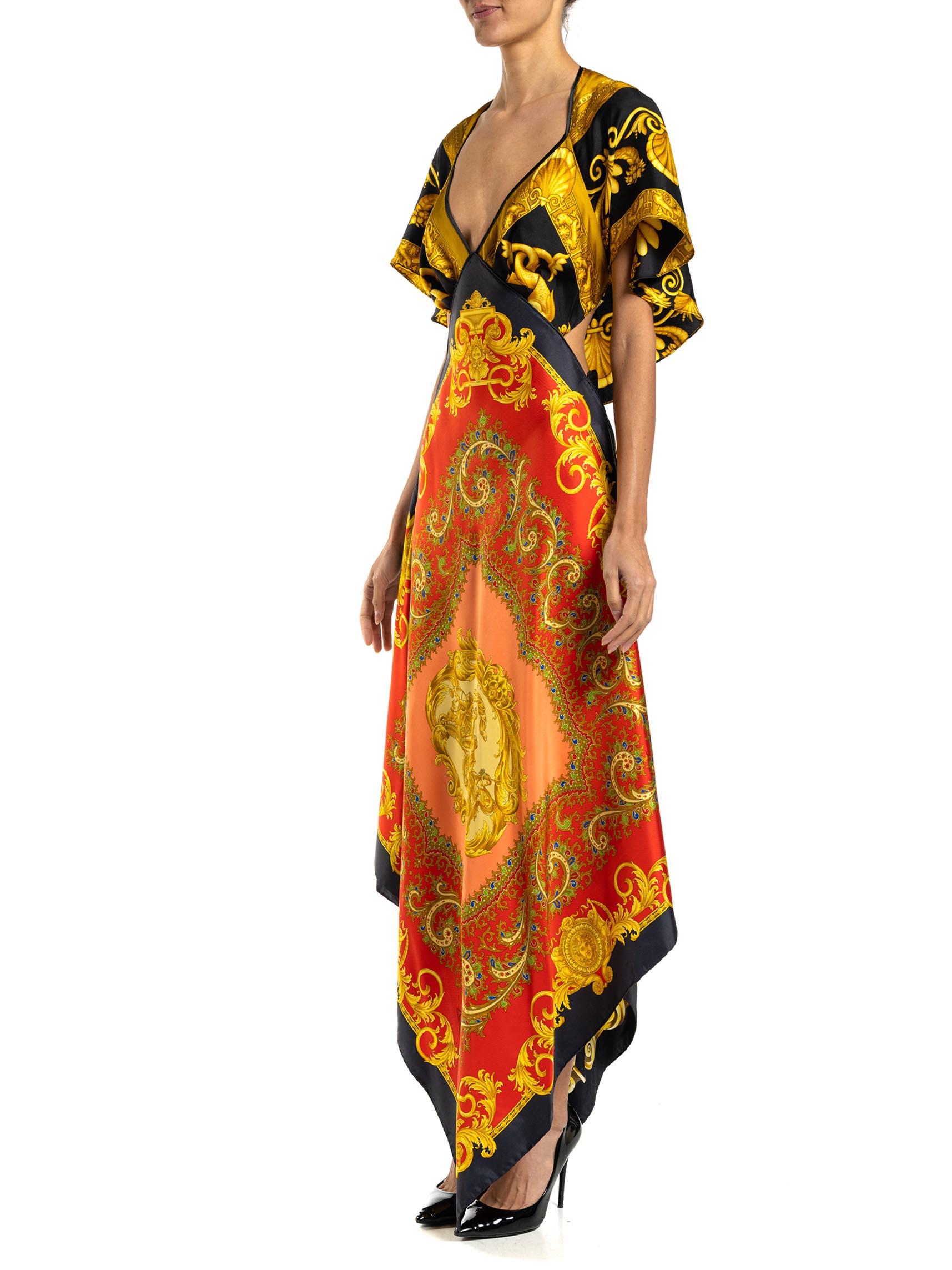 Women's MORPHEW COLLECTION Red, Gold & Black Status Print Silk VERSACE 3-Scarf Dress For Sale