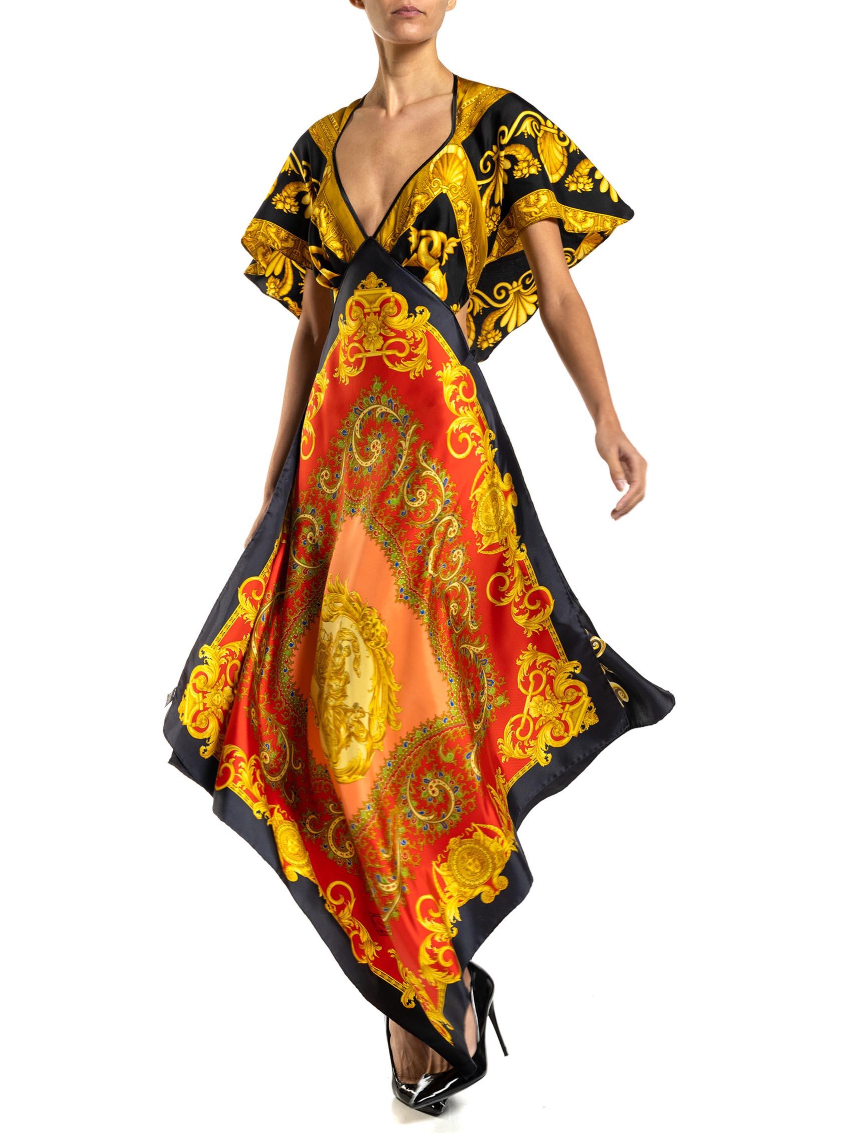 MORPHEW COLLECTION Red, Gold & Black Status Print Silk VERSACE 3-Scarf Dress For Sale 1
