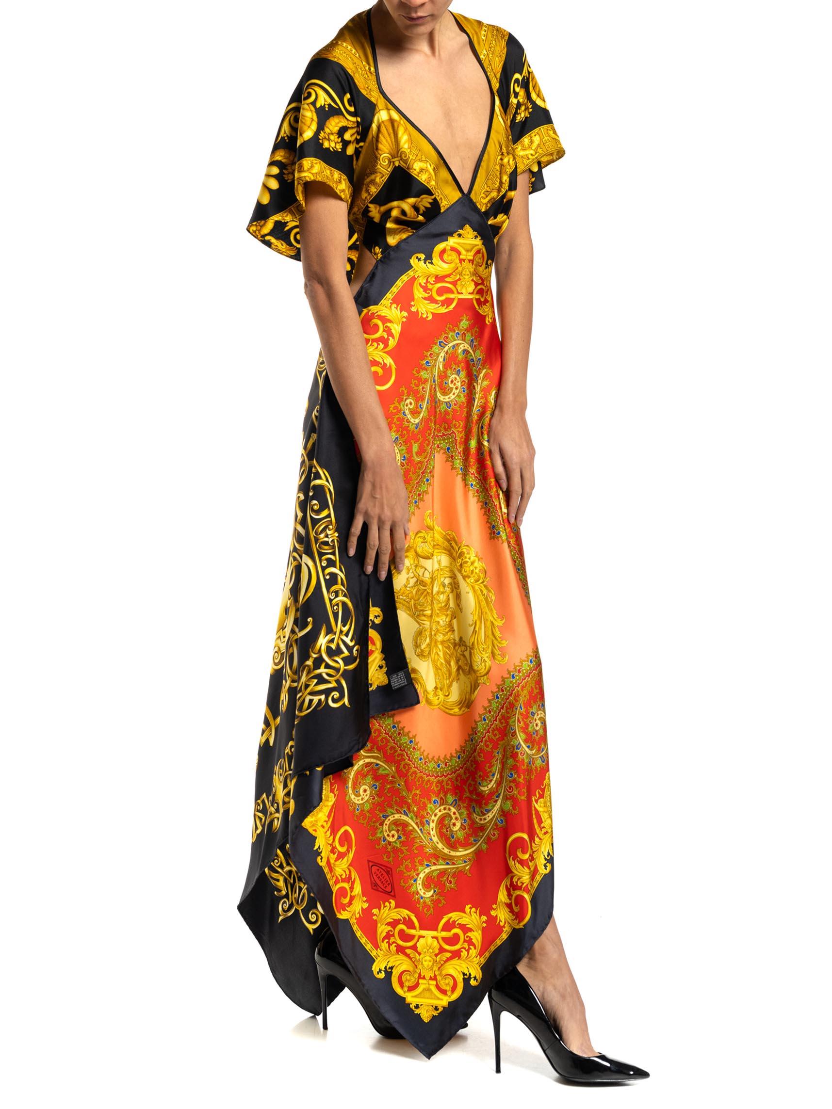 MORPHEW COLLECTION Red, Gold & Black Status Print Silk VERSACE 3-Scarf Dress For Sale 2