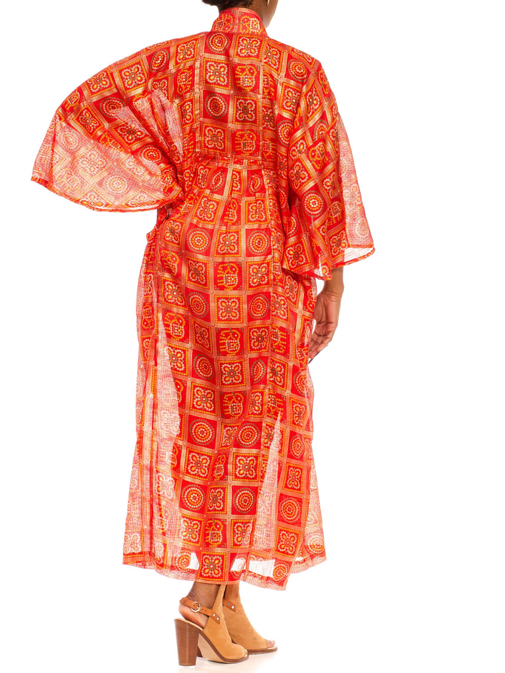 Morphew Collection Red & Gold Polyester Geometric Kaftan Made From Vintage Saris For Sale 6