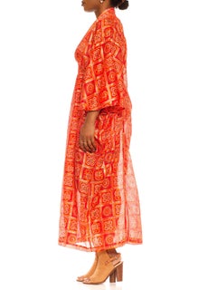Red & Gold Polyester Geometric Kaftan Made From Vintage Saris