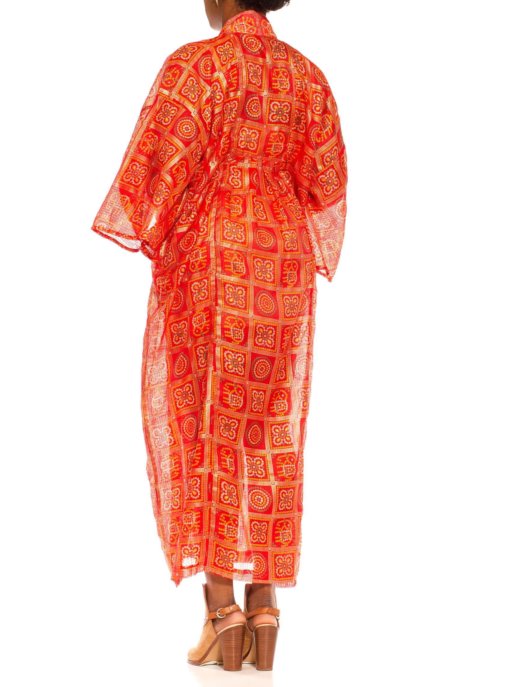 Women's Morphew Collection Red & Gold Polyester Geometric Kaftan Made From Vintage Saris For Sale