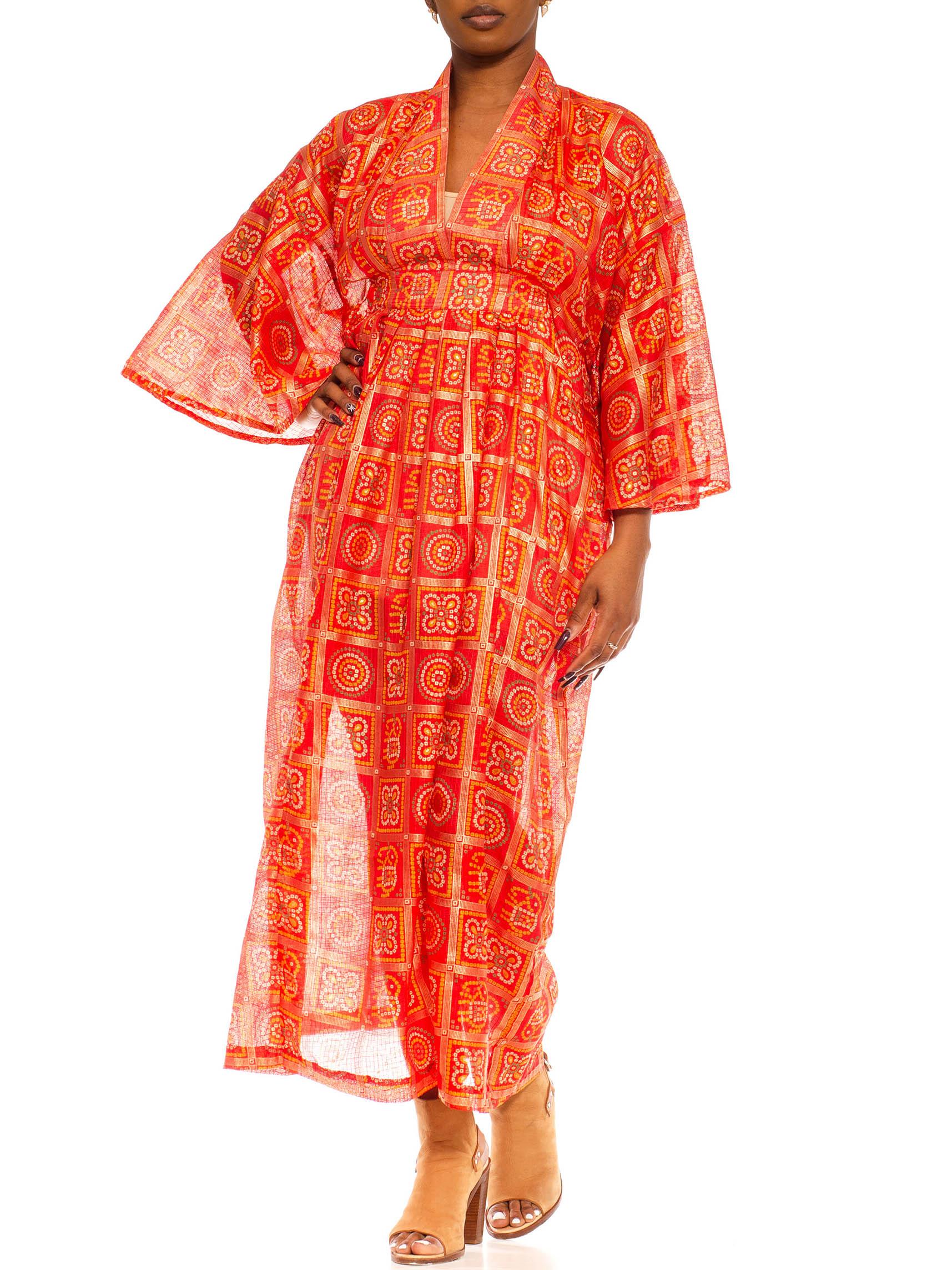 Morphew Collection Red & Gold Polyester Geometric Kaftan Made From Vintage Saris For Sale 1
