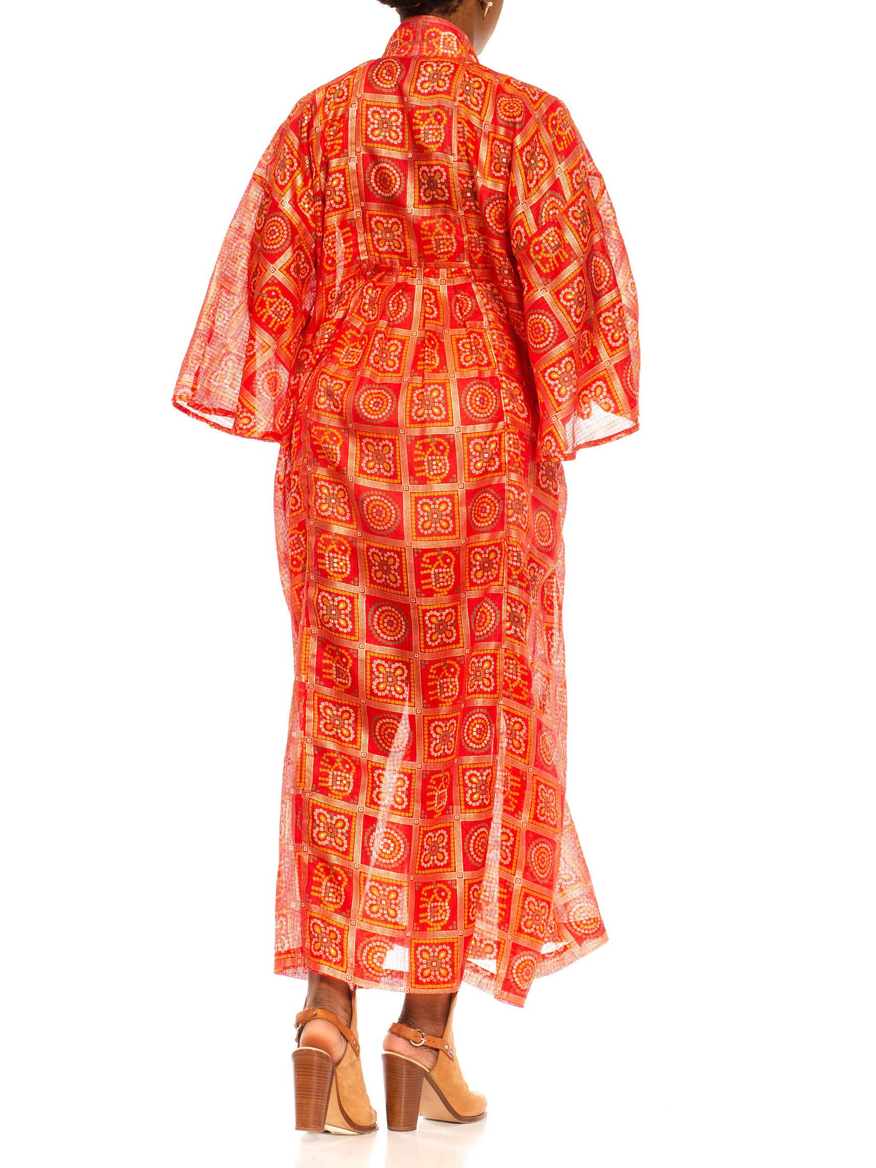 Morphew Collection Red & Gold Polyester Geometric Kaftan Made From Vintage Saris For Sale 2