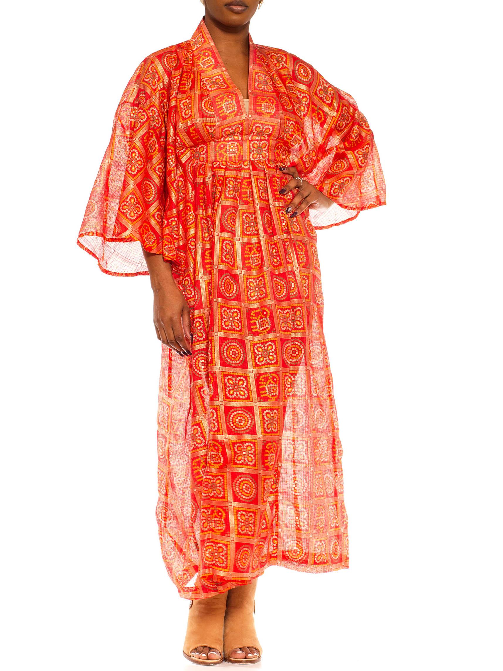 Morphew Collection Red & Gold Polyester Geometric Kaftan Made From Vintage Saris For Sale 3