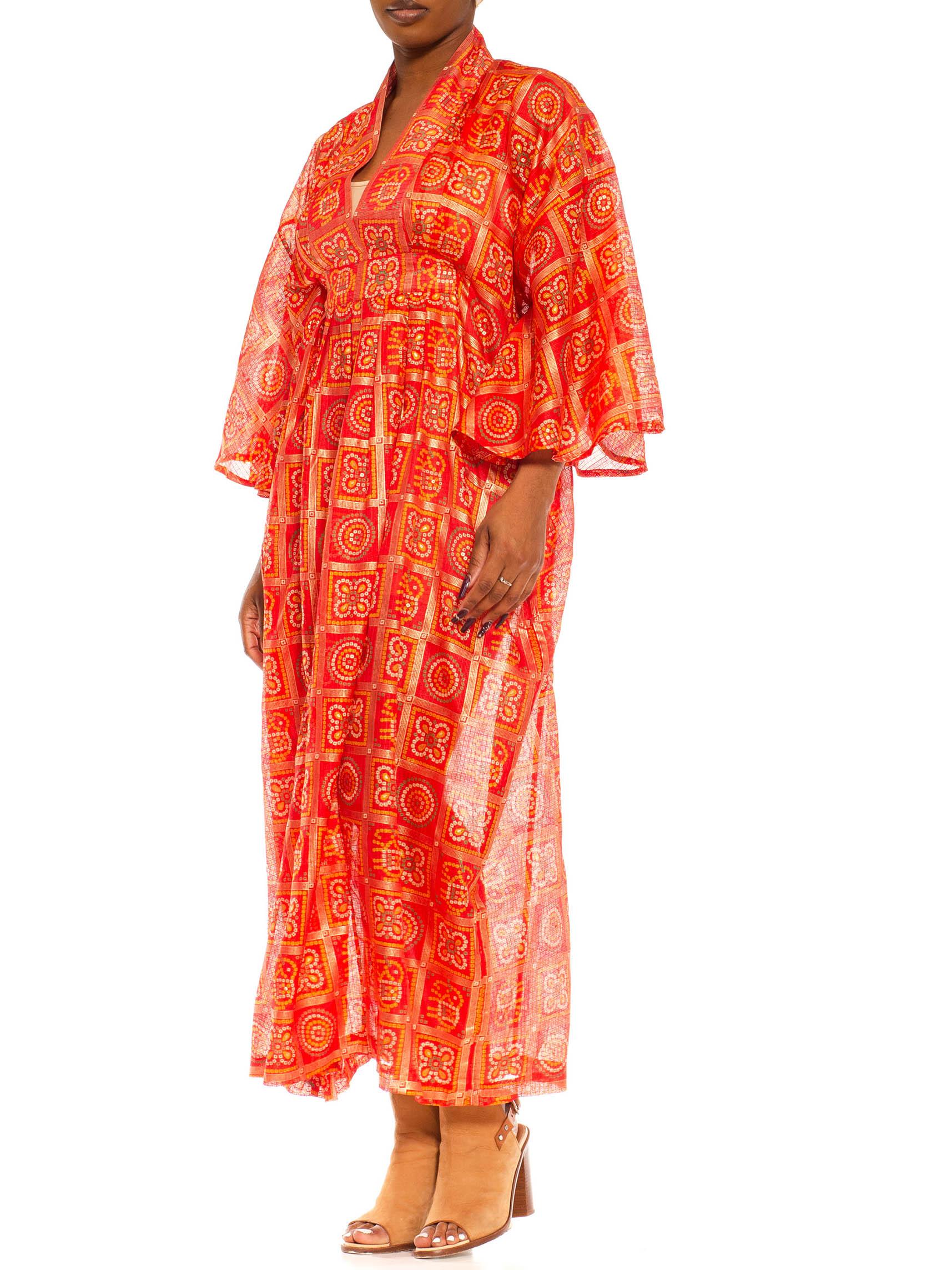 Morphew Collection Red & Gold Polyester Geometric Kaftan Made From Vintage Saris For Sale 4