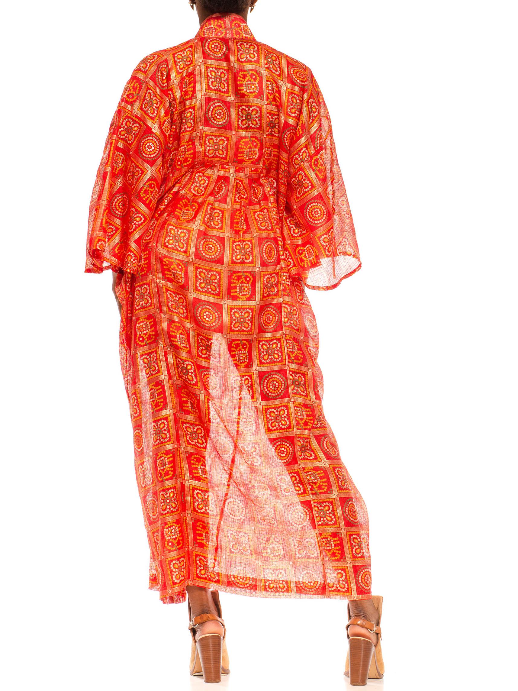 Morphew Collection Red & Gold Polyester Geometric Kaftan Made From Vintage Saris For Sale 5