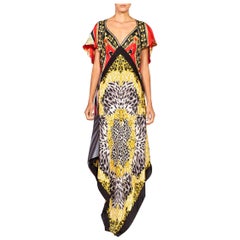 MORPHEW COLLECTION Red & Gold Status Print Silk Backless 3-Scarf Dress