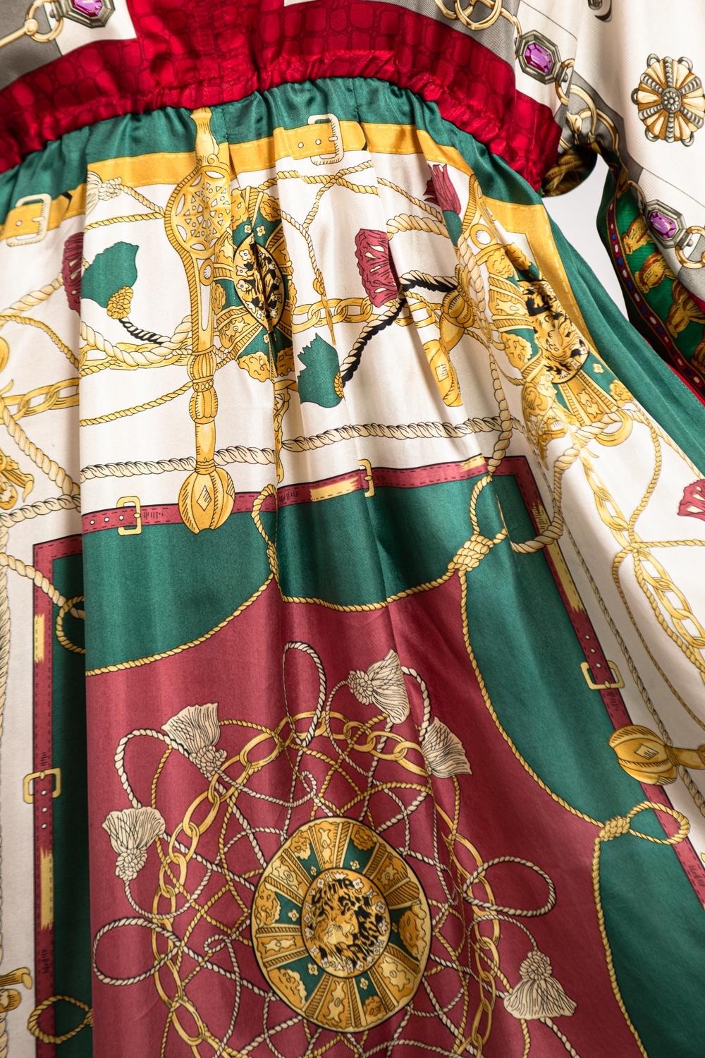 MORPHEW COLLECTION Red & Green Status Print Silk Virgo Empire Waist Dress Made  For Sale 6