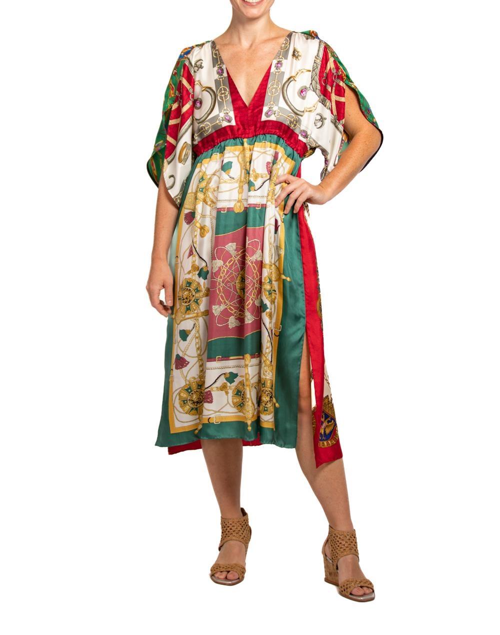 Women's MORPHEW COLLECTION Red & Green Status Print Silk Virgo Empire Waist Dress Made  For Sale