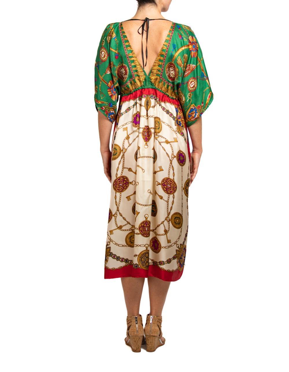 MORPHEW COLLECTION Red & Green Status Print Silk Virgo Empire Waist Dress Made  For Sale 1