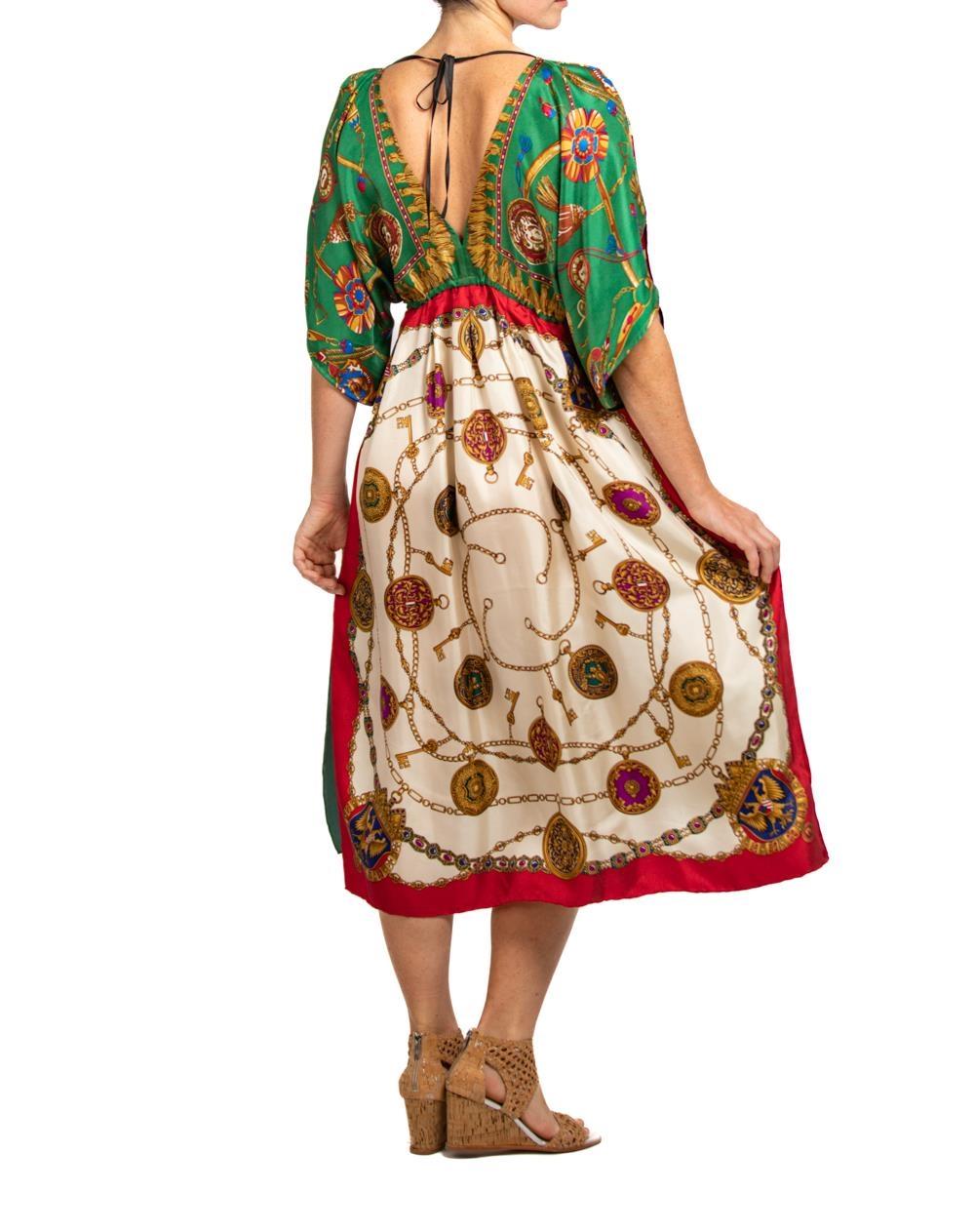 MORPHEW COLLECTION Red & Green Status Print Silk Virgo Empire Waist Dress Made  For Sale 2