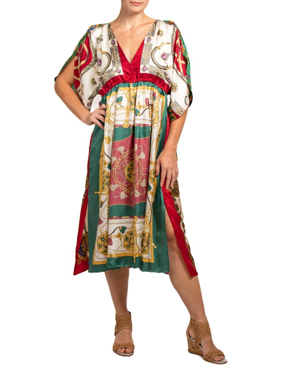 MORPHEW COLLECTION Red & Green Status Print Silk Virgo Empire Waist Dress Made  For Sale 4