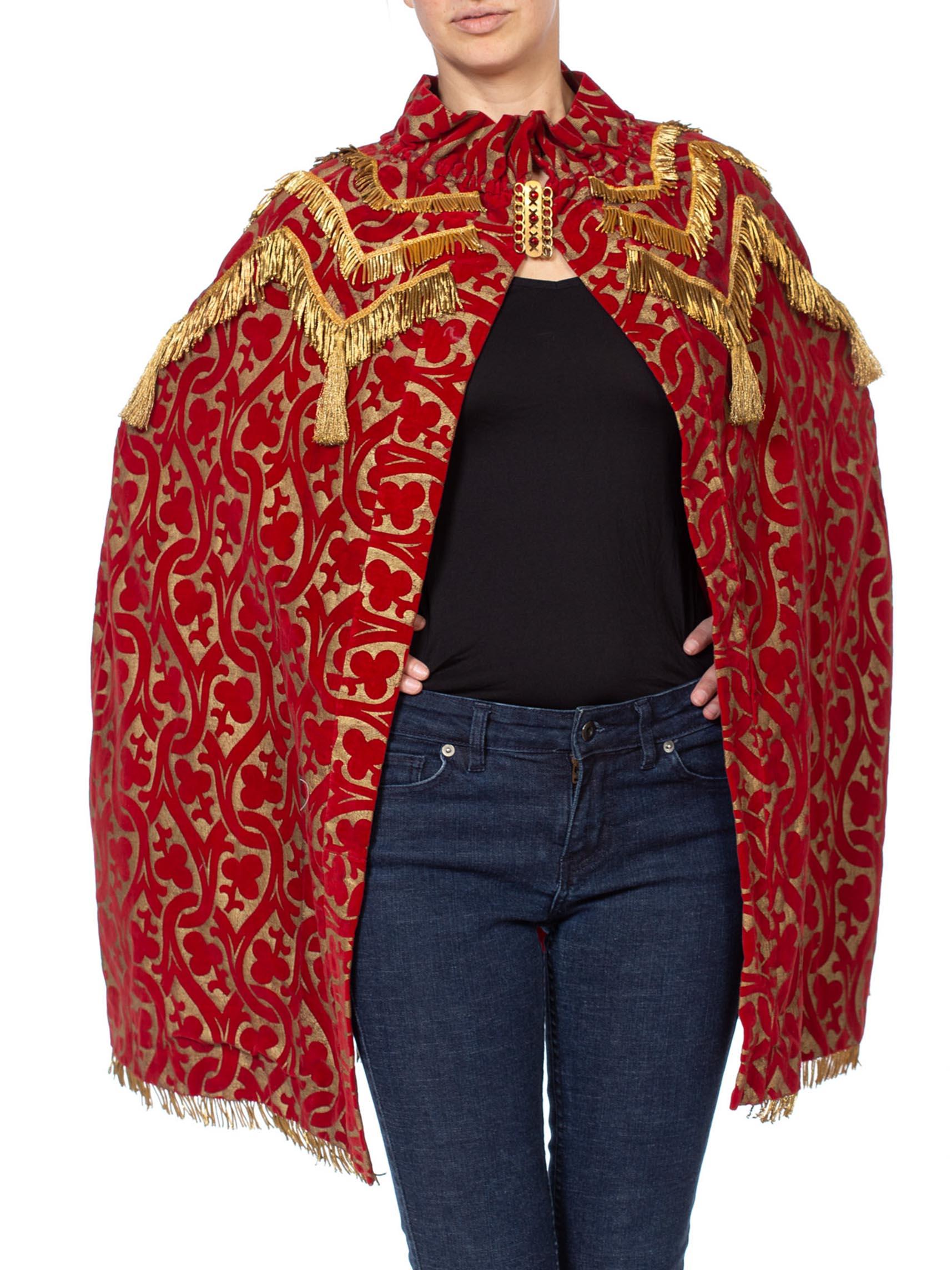 MORPHEW COLLECTION Red Metallic Printed Velvet Silk Lined Cape With Real Gold B In Excellent Condition For Sale In New York, NY
