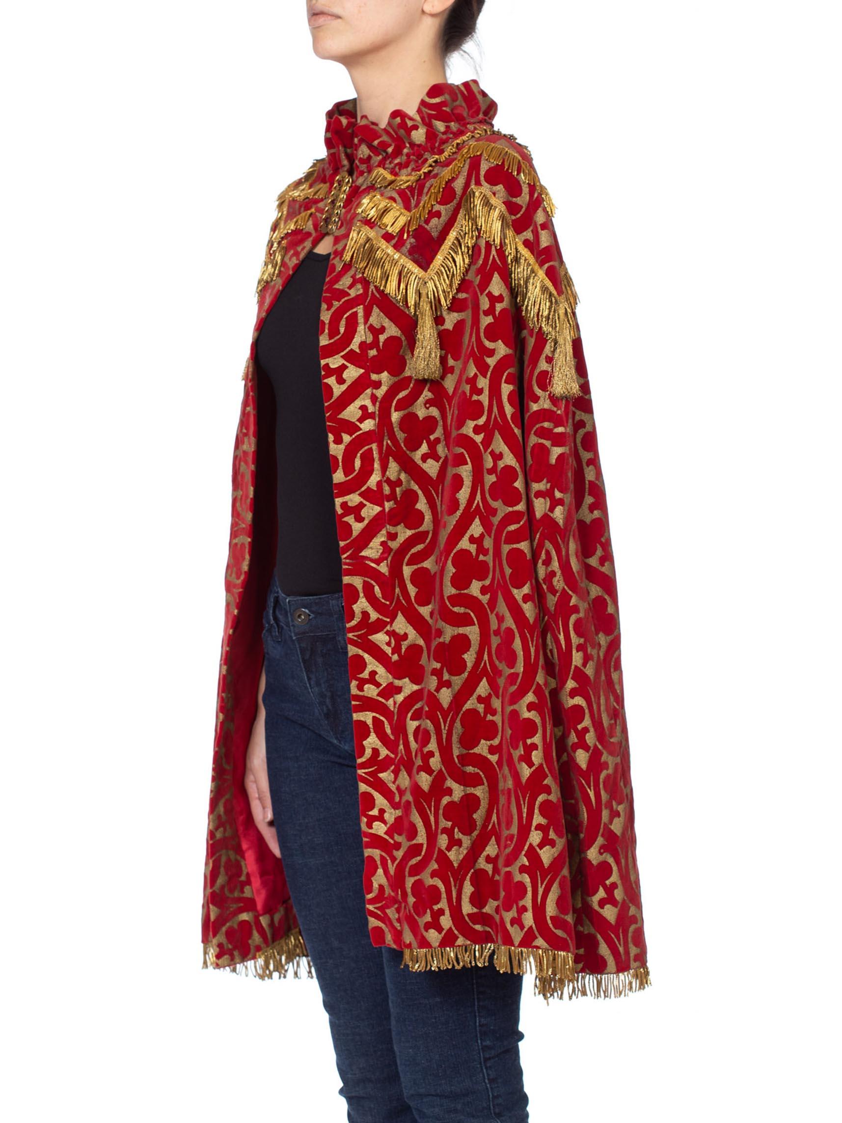 Women's or Men's MORPHEW COLLECTION Red Metallic Printed Velvet Silk Lined Cape With Real Gold B For Sale