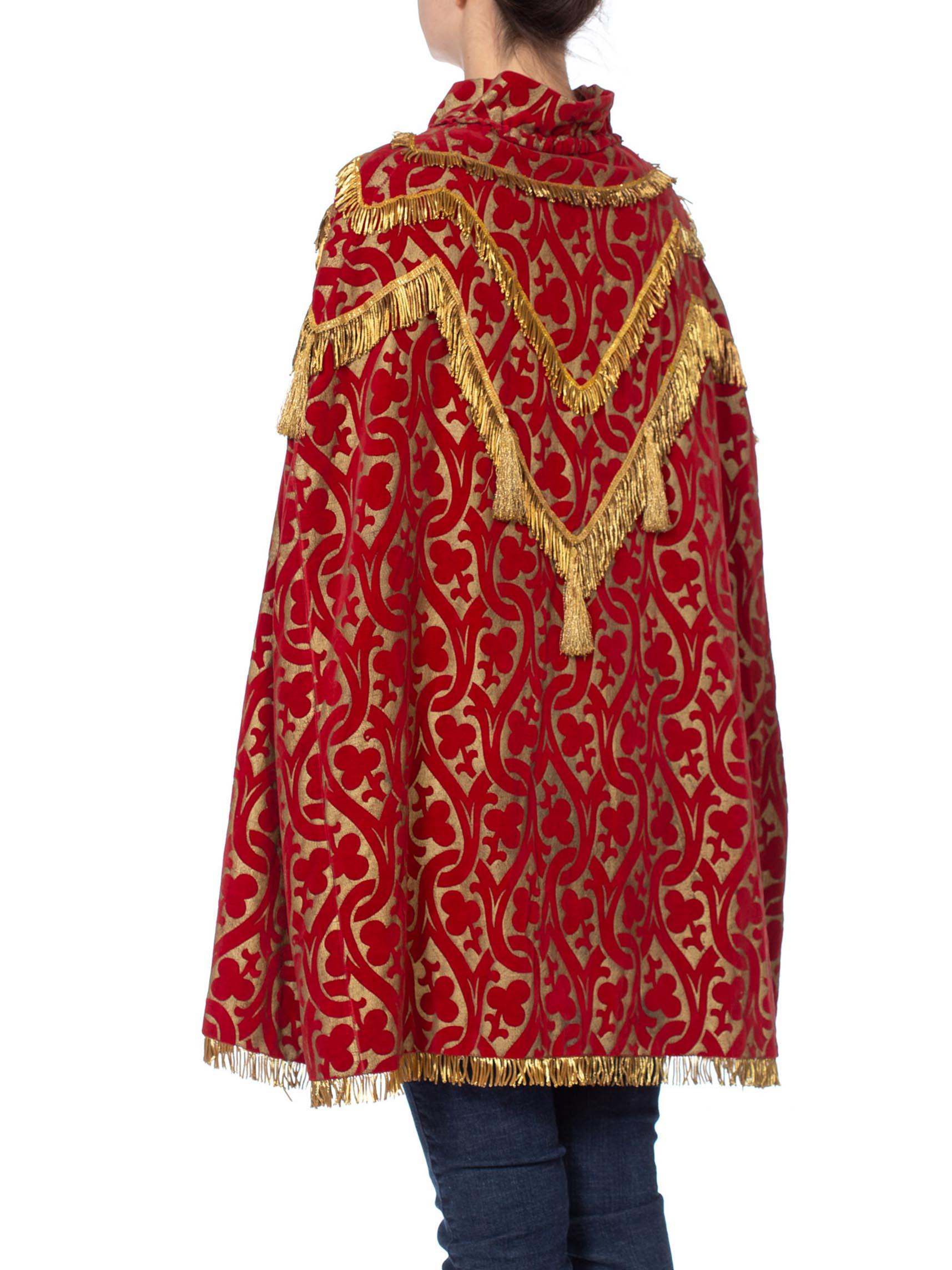 MORPHEW COLLECTION Red Metallic Printed Velvet Silk Lined Cape With Real Gold B For Sale 1