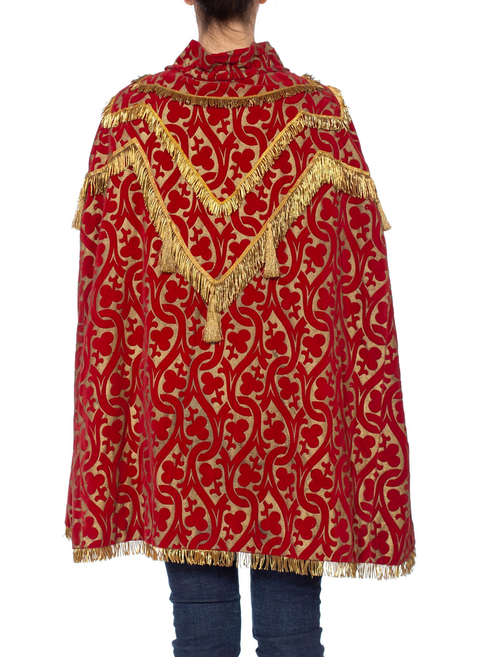 MORPHEW COLLECTION Red Metallic Printed Velvet Silk Lined Cape With Real Gold B For Sale 2
