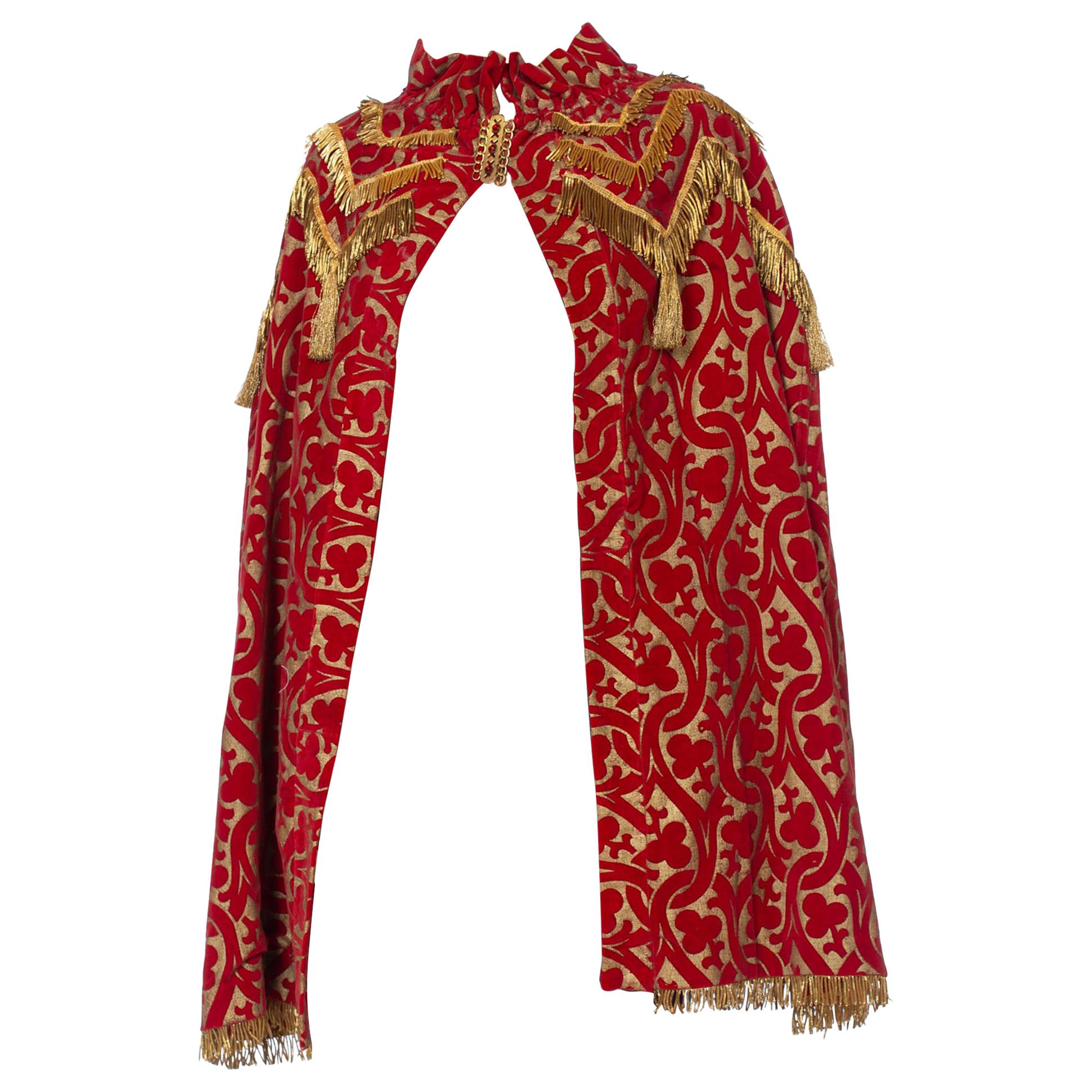 MORPHEW COLLECTION Red Metallic Printed Velvet Silk Lined Cape With Real Gold B For Sale