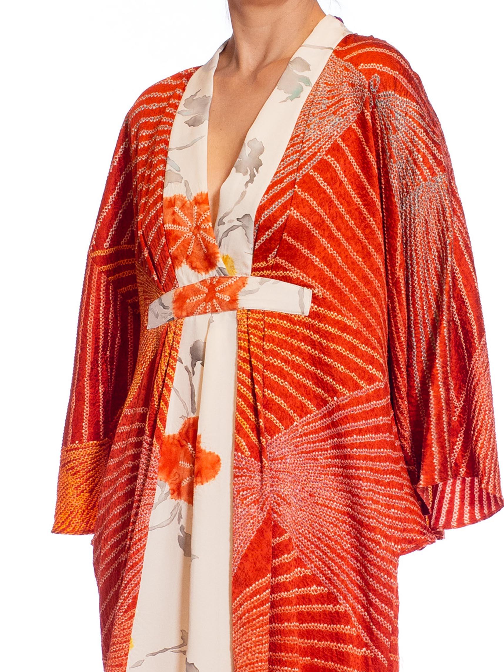 MORPHEW COLLECTION Red Shibori Japanese Kimono Silk Body Kaftan Hand Painted Cr For Sale 6