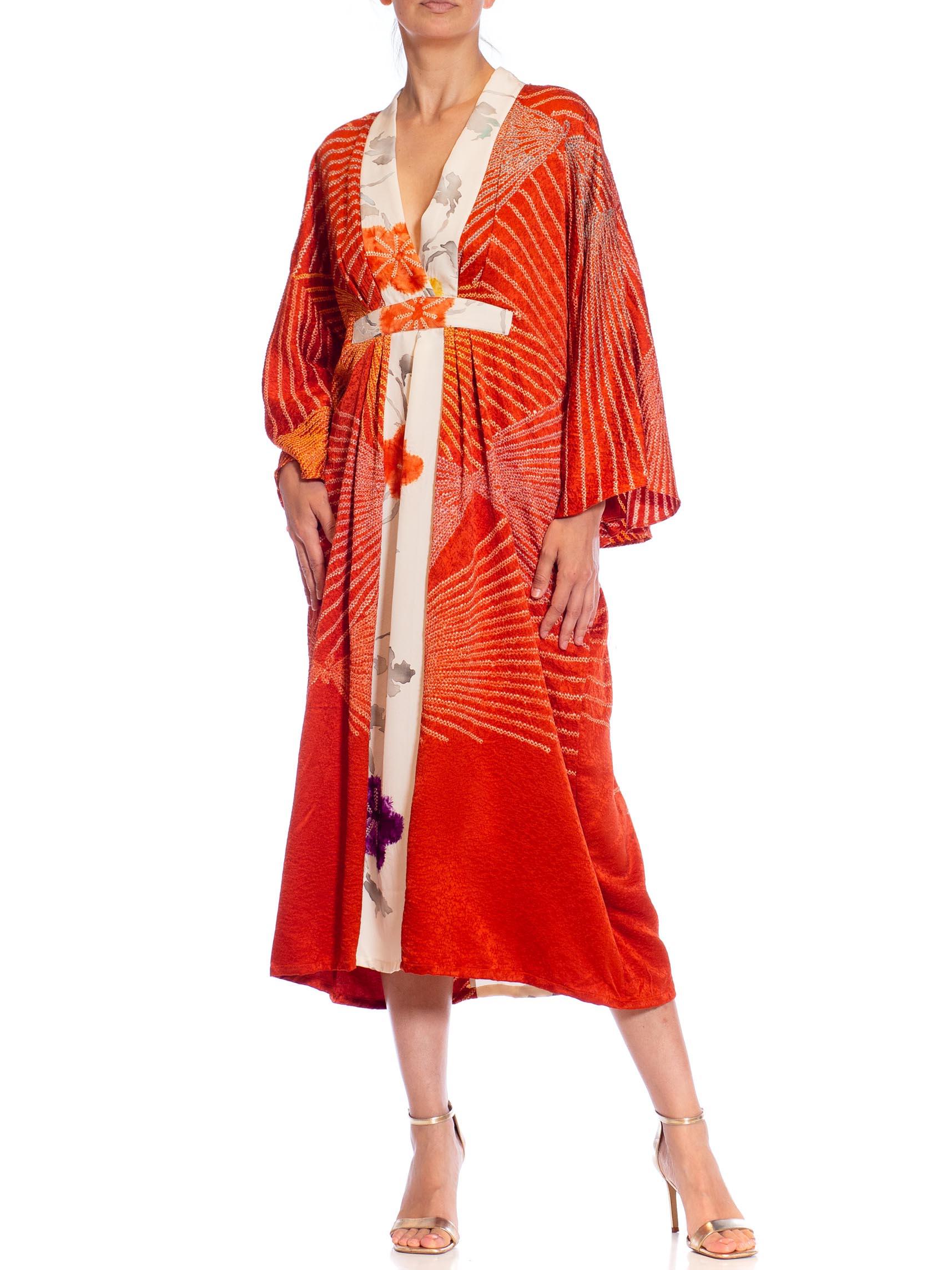 MORPHEW COLLECTION Red Shibori Japanese Kimono Silk Body Kaftan Hand Painted Cr In Excellent Condition For Sale In New York, NY