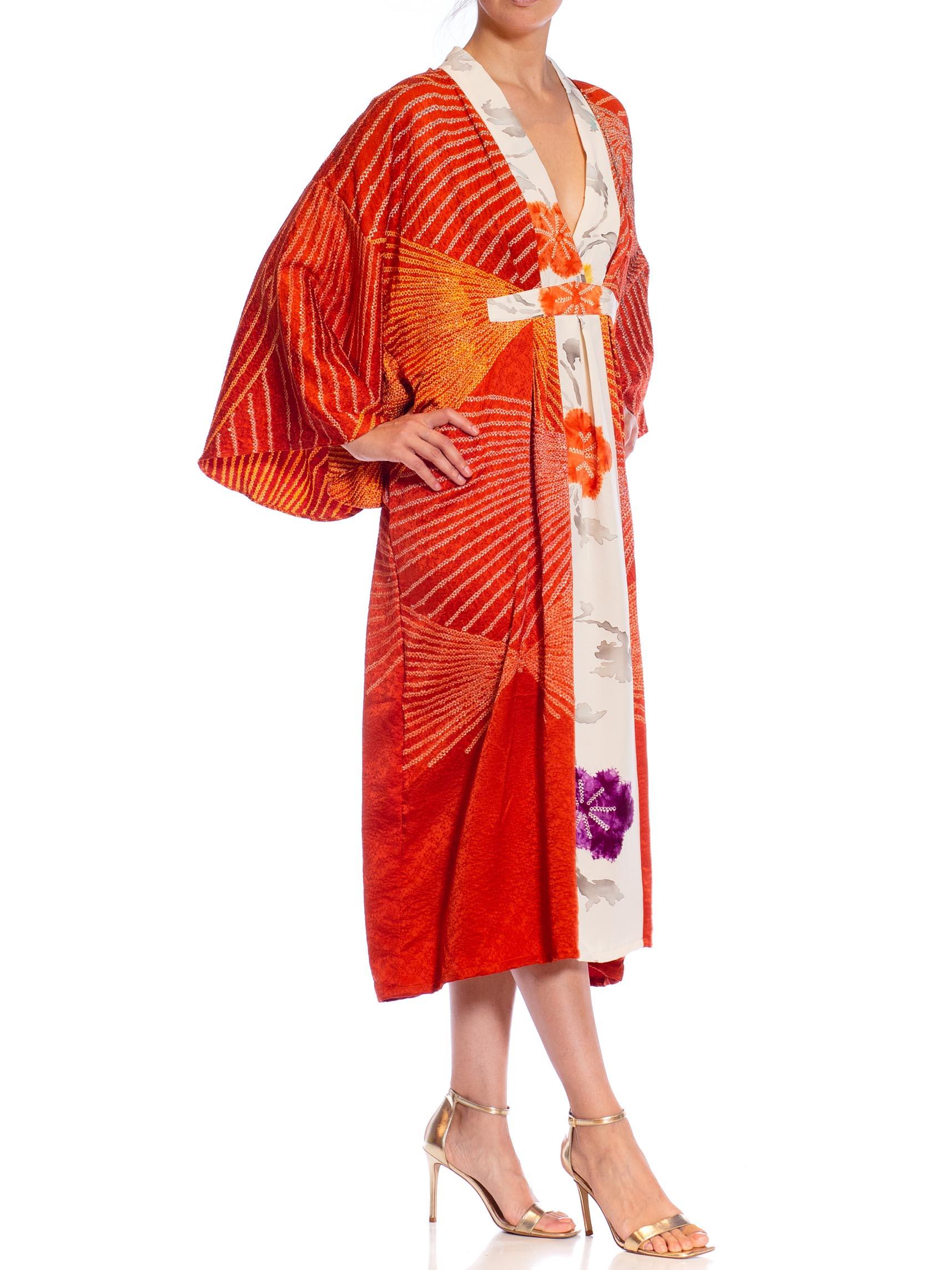 MORPHEW COLLECTION Red Shibori Japanese Kimono Silk Body Kaftan Hand Painted Cr For Sale 1