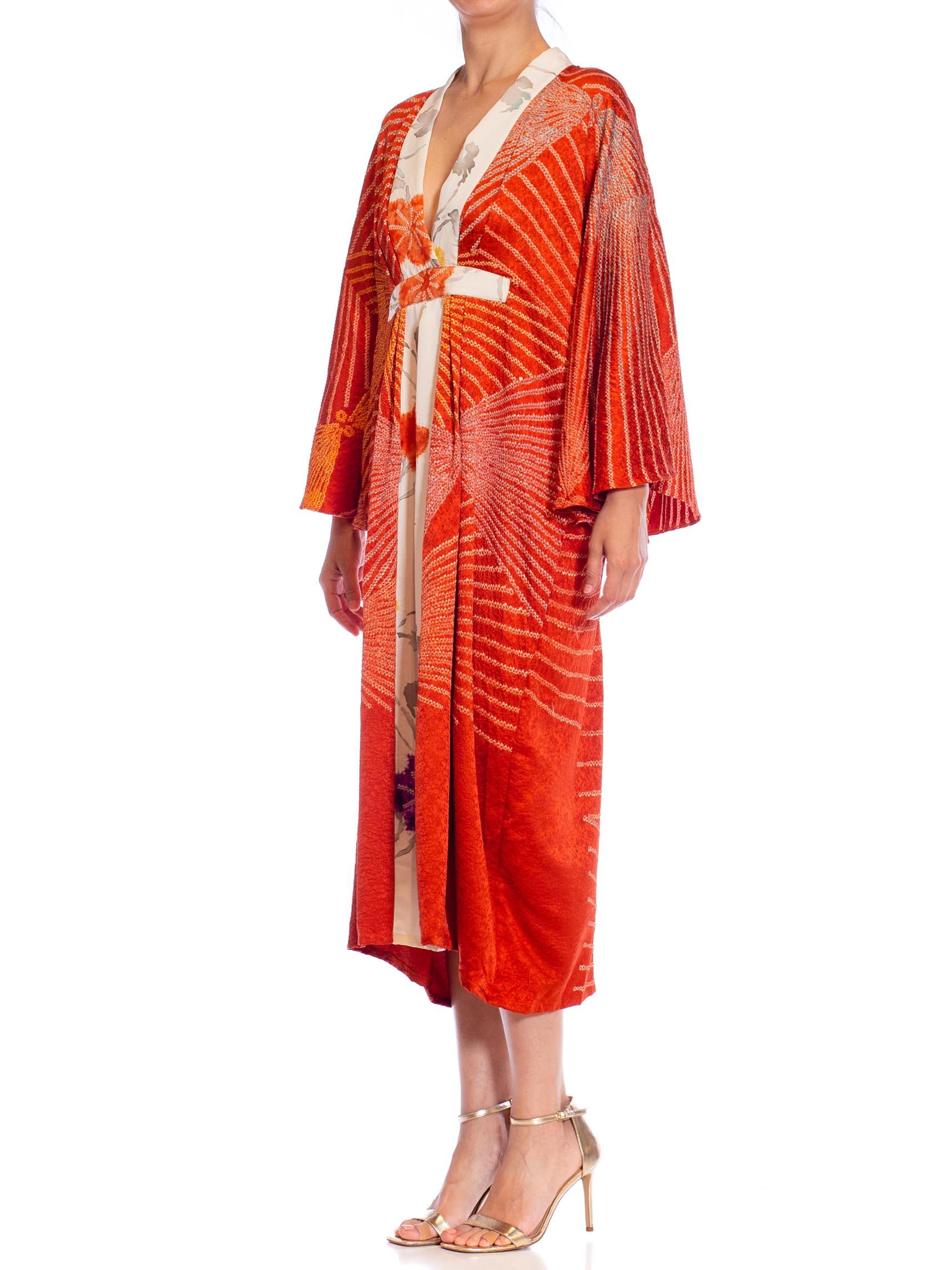 MORPHEW COLLECTION Red Shibori Japanese Kimono Silk Body Kaftan Hand Painted Cr For Sale 2