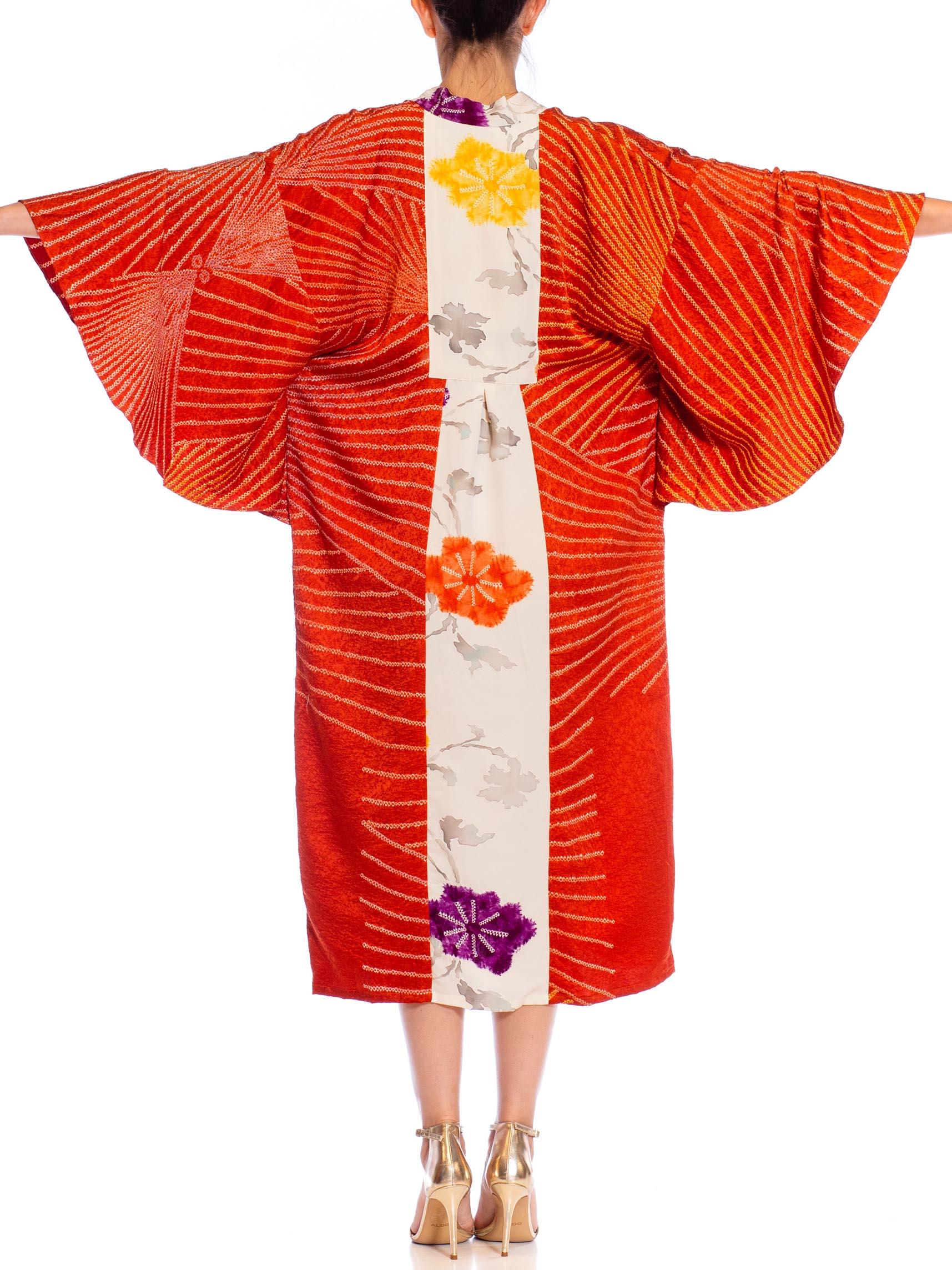 MORPHEW COLLECTION Red Shibori Japanese Kimono Silk Body Kaftan Hand Painted Cr For Sale 3