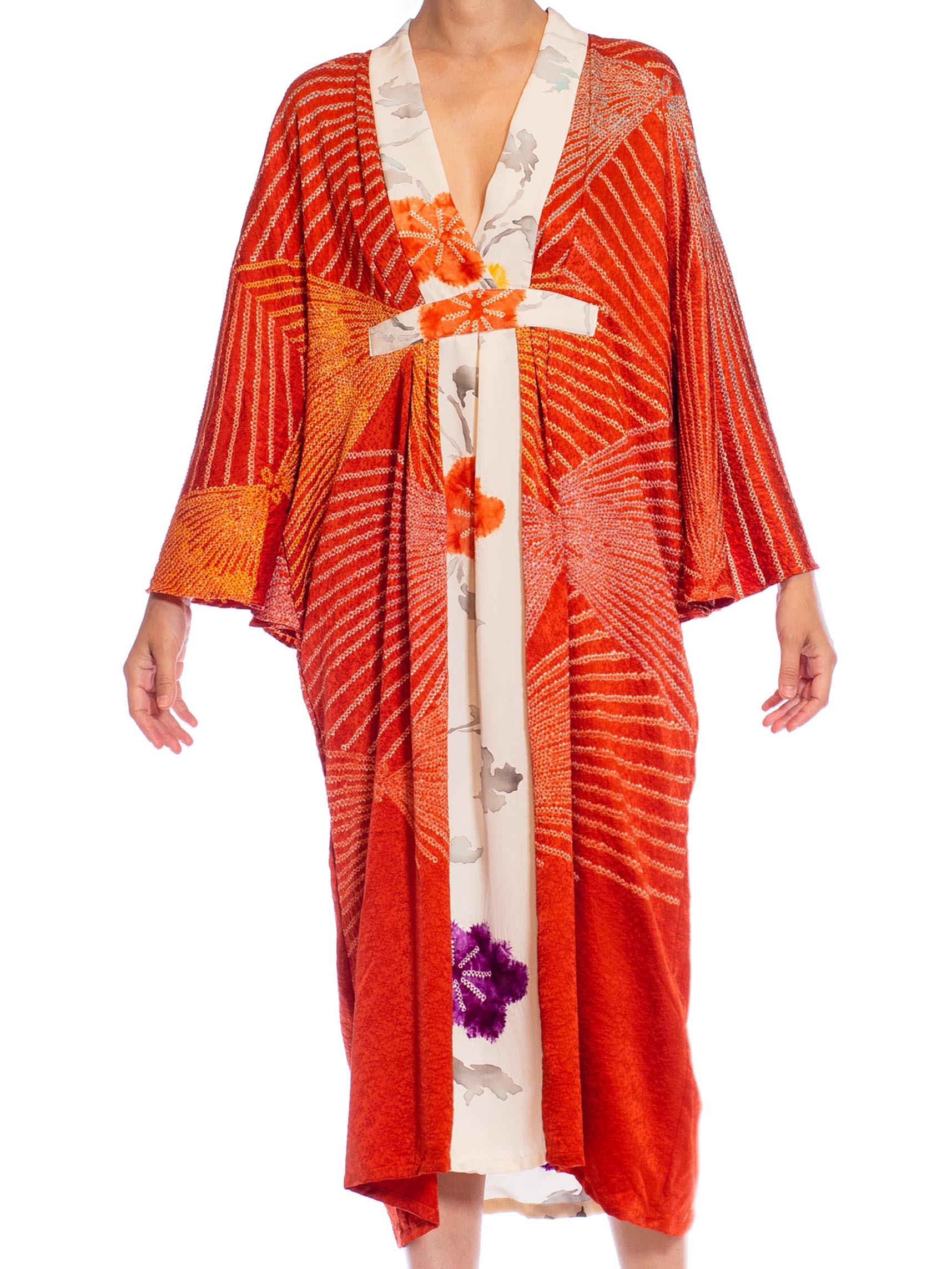MORPHEW COLLECTION Red Shibori Japanese Kimono Silk Body Kaftan Hand Painted Cr For Sale 4