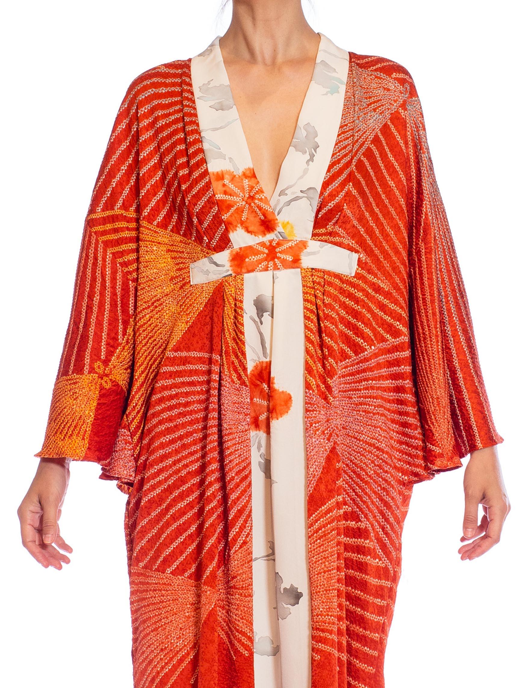 MORPHEW COLLECTION Red Shibori Japanese Kimono Silk Body Kaftan Hand Painted Cr For Sale 5