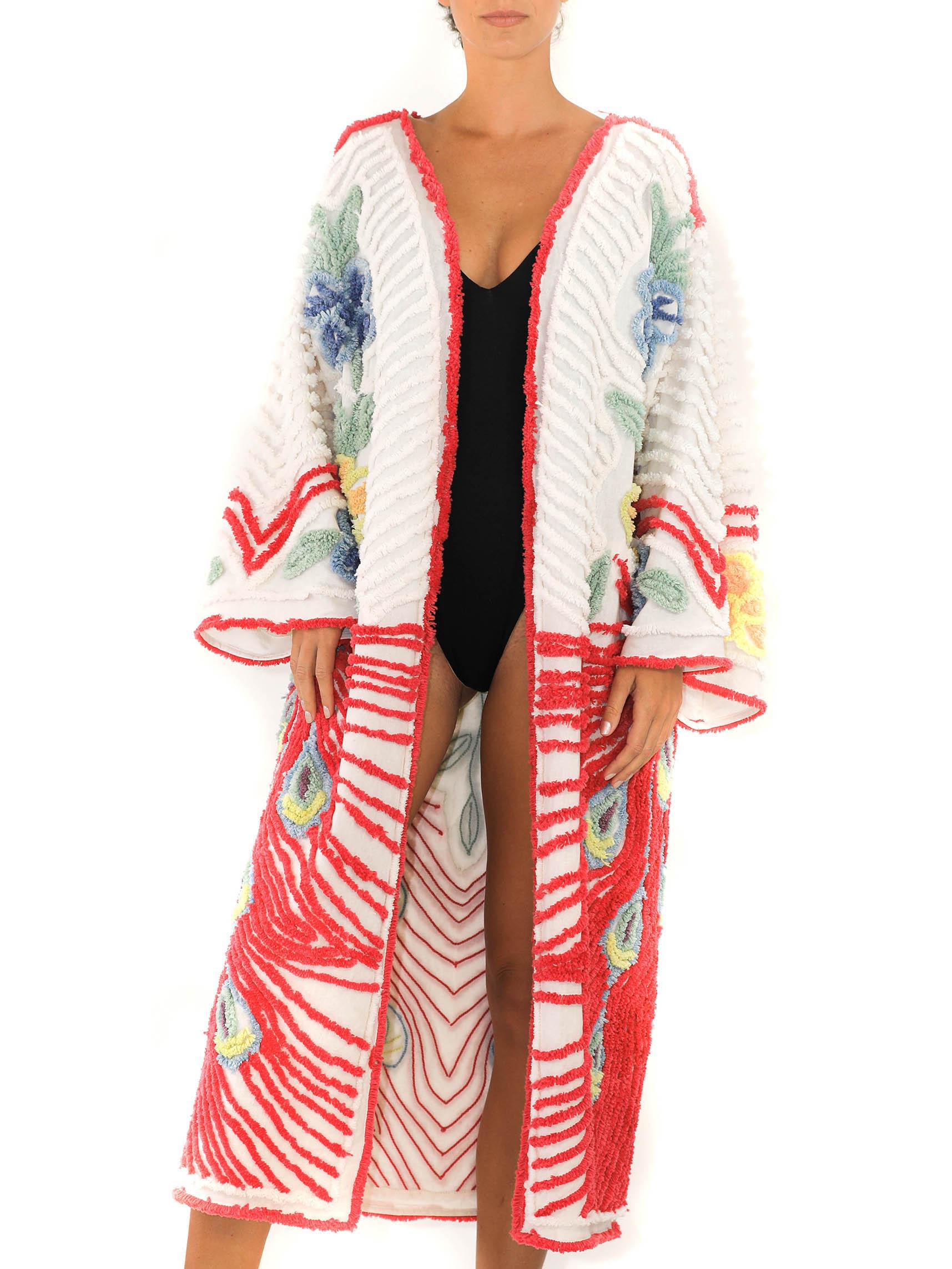 Women's MORPHEW COLLECTION Red & White Cotton Hand Embroidered Chenille Peacock Beach C