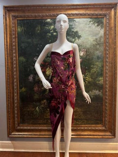 MORPHEW COLLECTION Vestido de cóctel de terciopelo quemado floral vino tinto con flecos