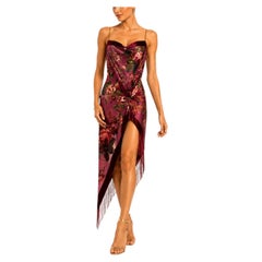 MORPHEW COLLECTION Vestido de cóctel de terciopelo quemado floral vino tinto con flecos