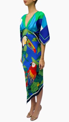 Morphew Collection Royal Blue & Green Silk Parrot 2-Scarf Dress Made From Vinta