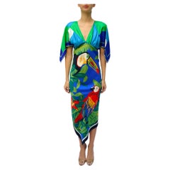 Morphew Collection Royal Blue & Green Silk Parrot 2-Scarf Dress Made From Vinta
