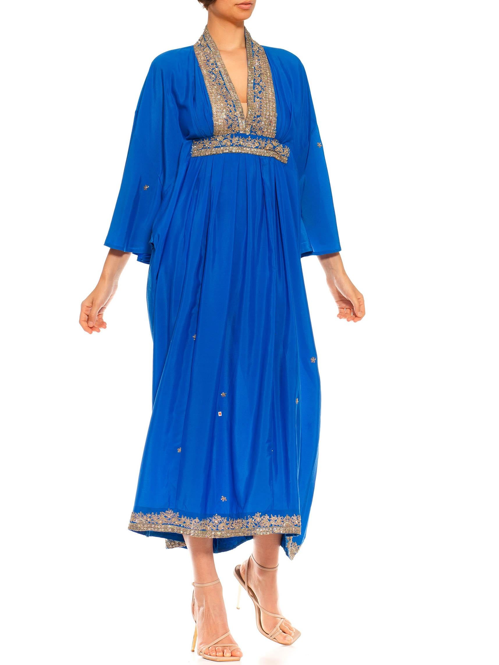 Morphew Collection Royal Blue Silk Kaftan With Sequined Silver Trimmings Made F In Excellent Condition For Sale In New York, NY
