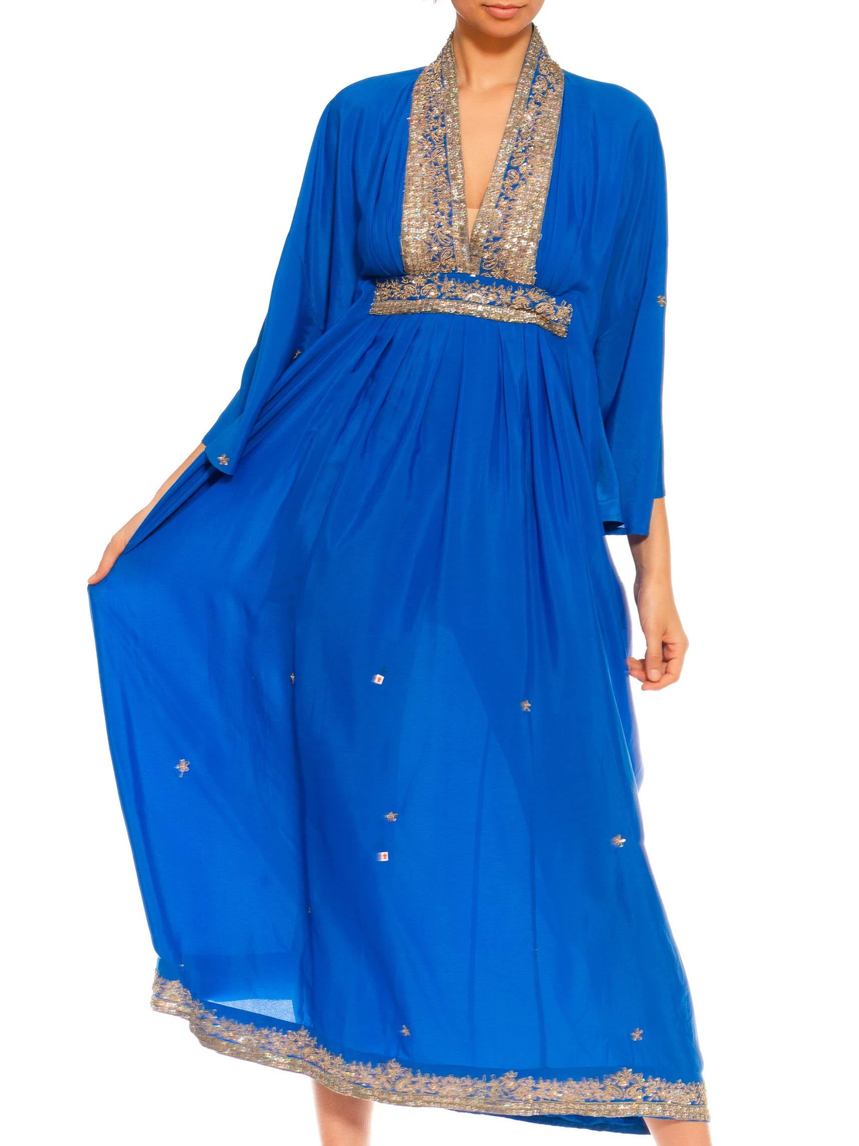 Women's Morphew Collection Royal Blue Silk Kaftan With Sequined Silver Trimmings Made F For Sale