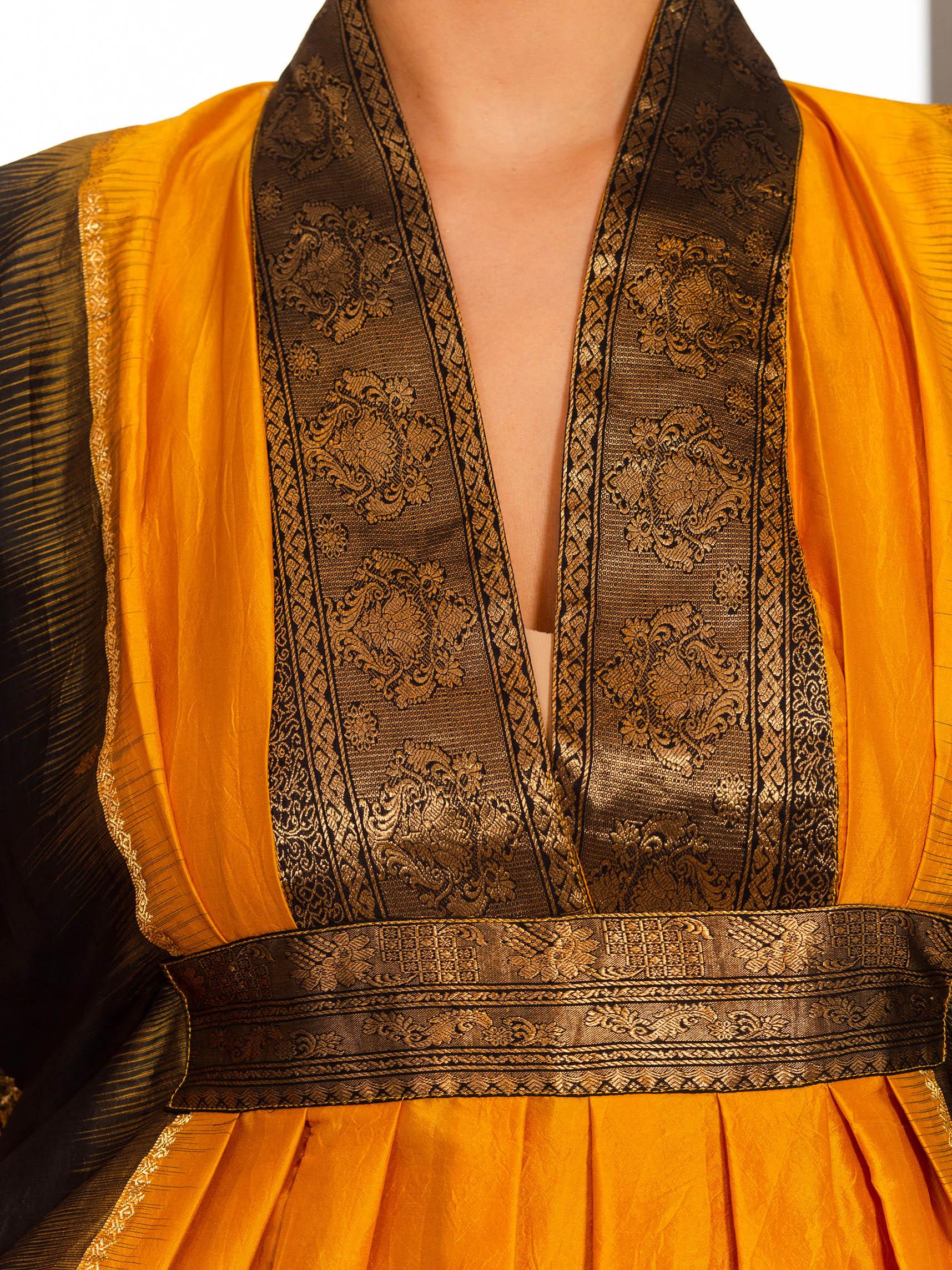 Morphew Collection Saffron, Black & Gold Silk Kaftan Made From Vintage Saris For Sale 6
