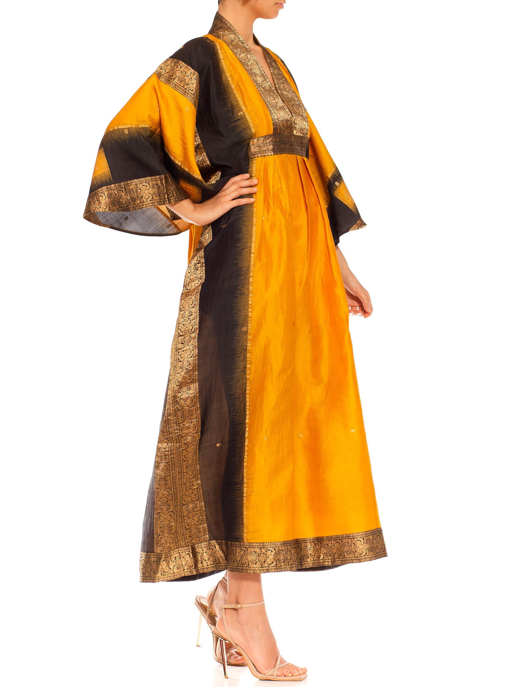 Morphew Collection Saffron, Black & Gold Silk Kaftan Made From Vintage Saris In Excellent Condition For Sale In New York, NY