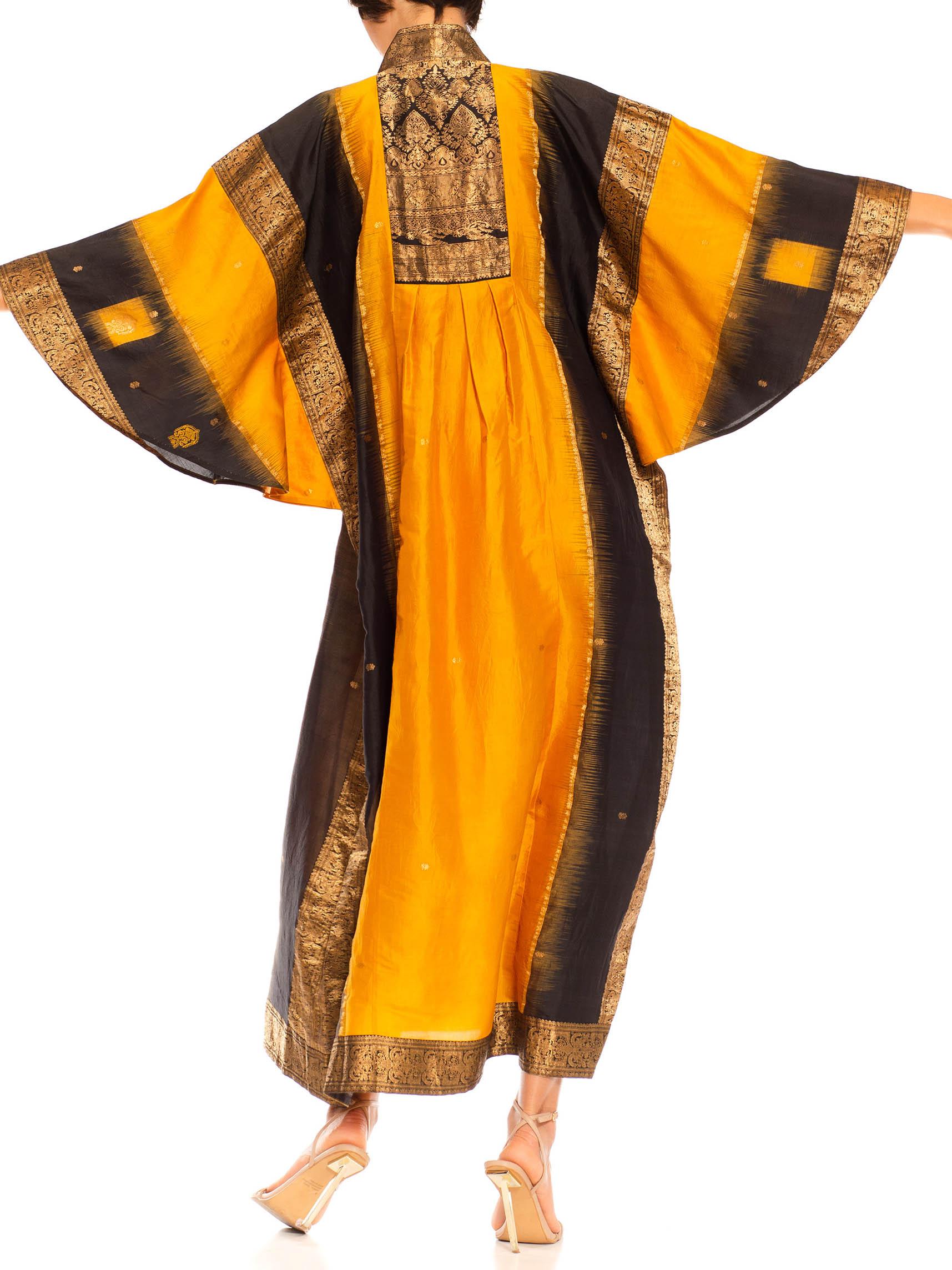 Women's Morphew Collection Saffron, Black & Gold Silk Kaftan Made From Vintage Saris For Sale