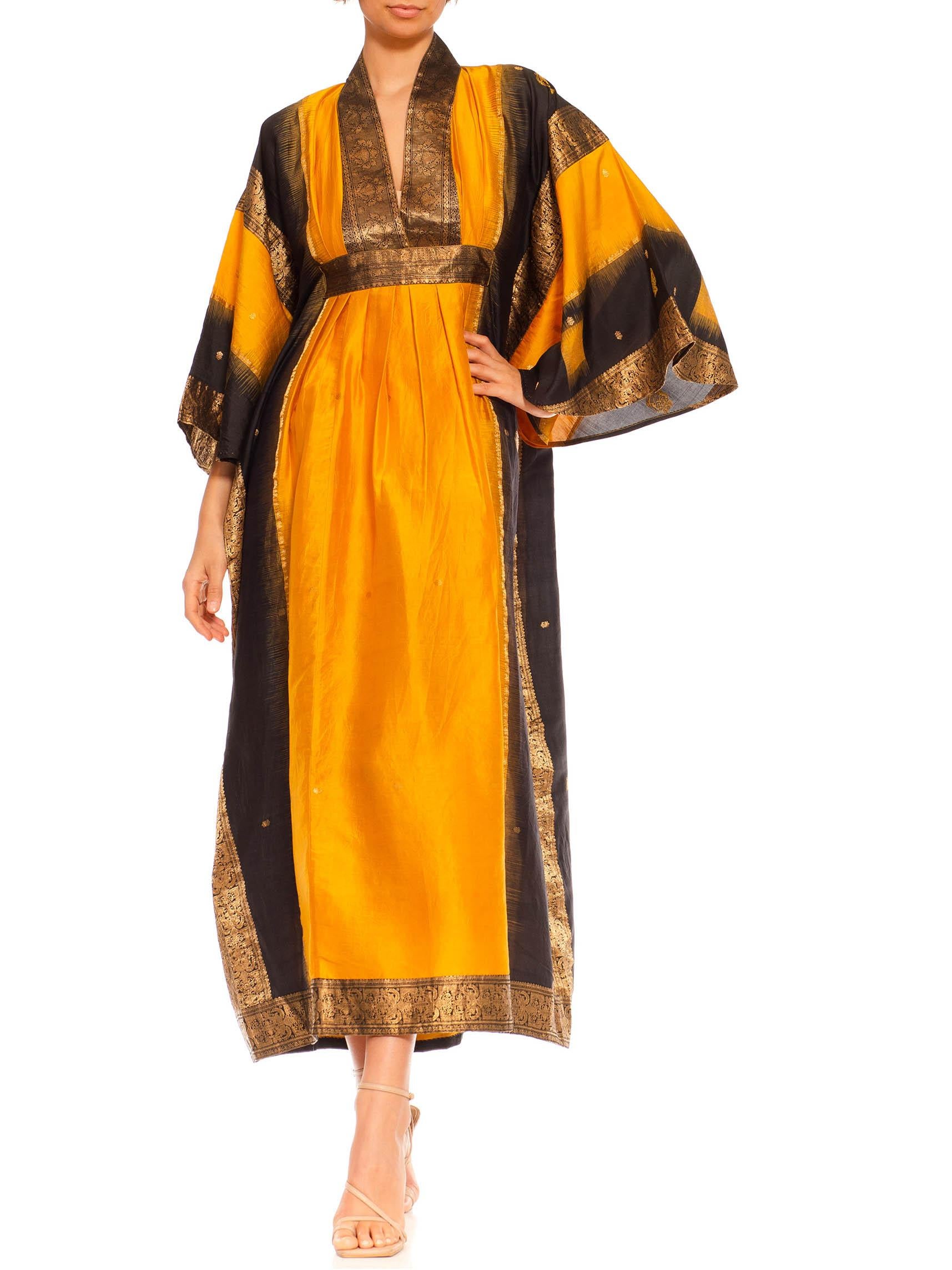 Morphew Collection Saffron, Black & Gold Silk Kaftan Made From Vintage Saris For Sale 1