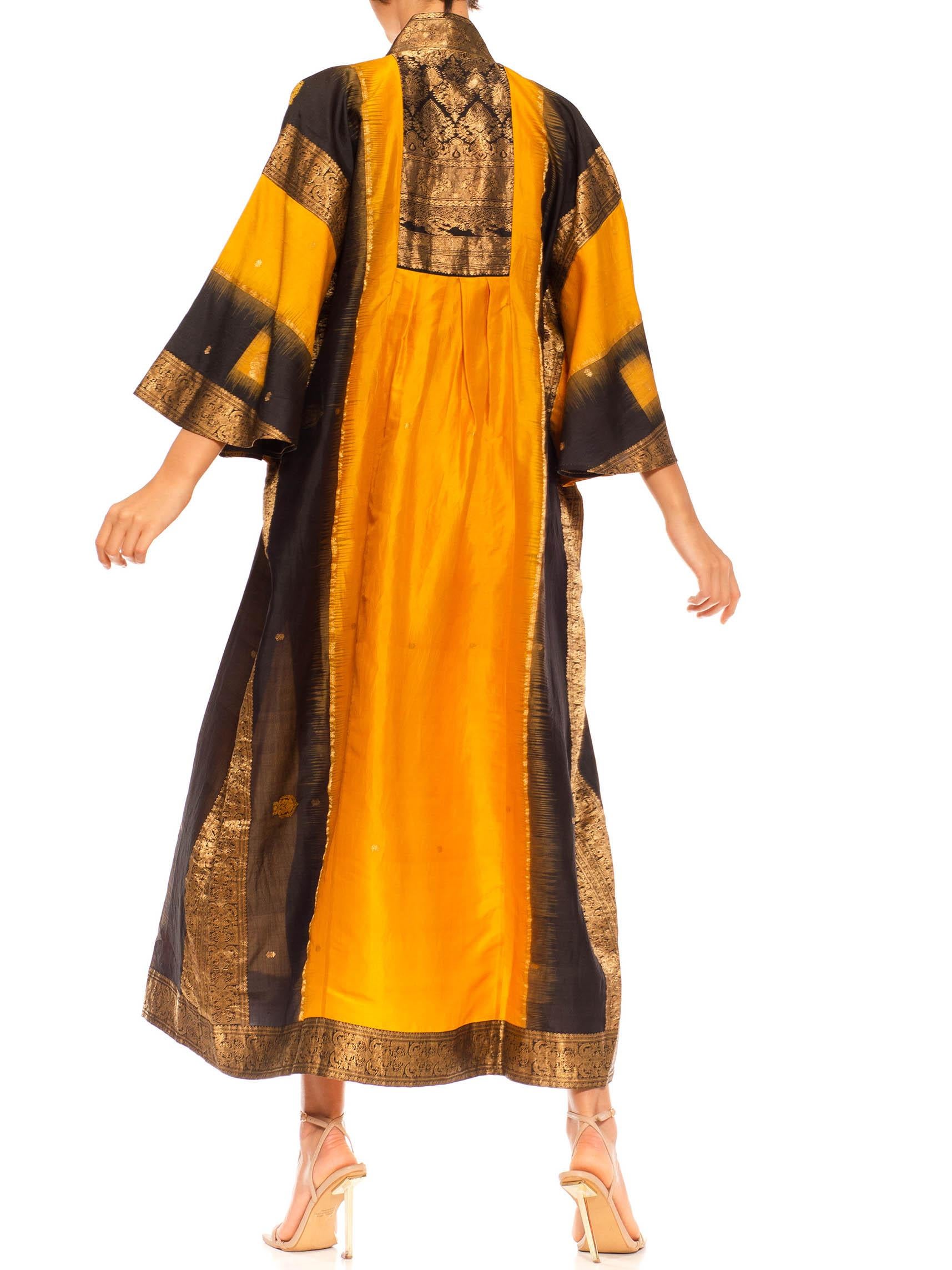Morphew Collection Saffron, Black & Gold Silk Kaftan Made From Vintage Saris For Sale 2