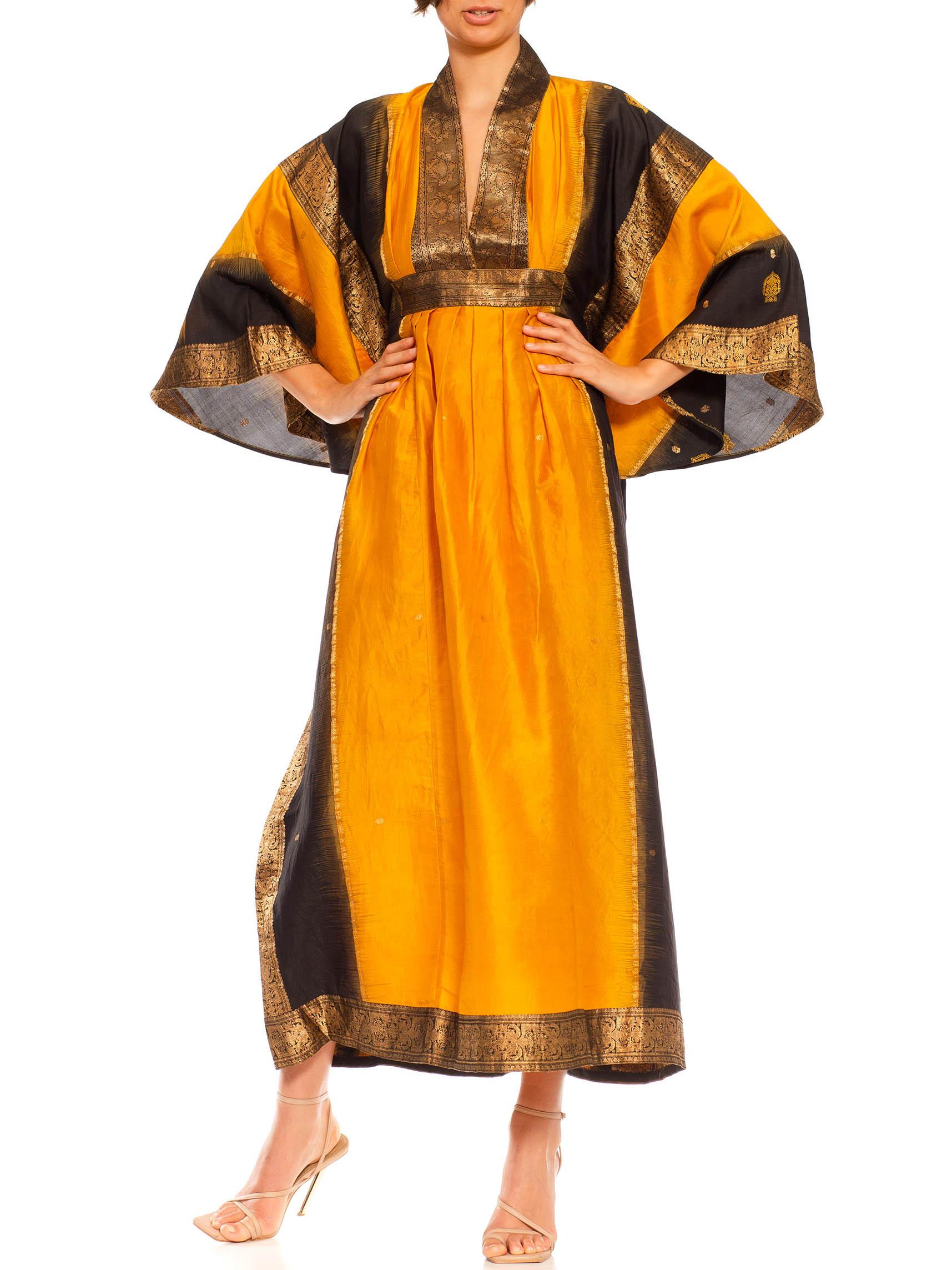 Morphew Collection Saffron, Black & Gold Silk Kaftan Made From Vintage Saris For Sale 3
