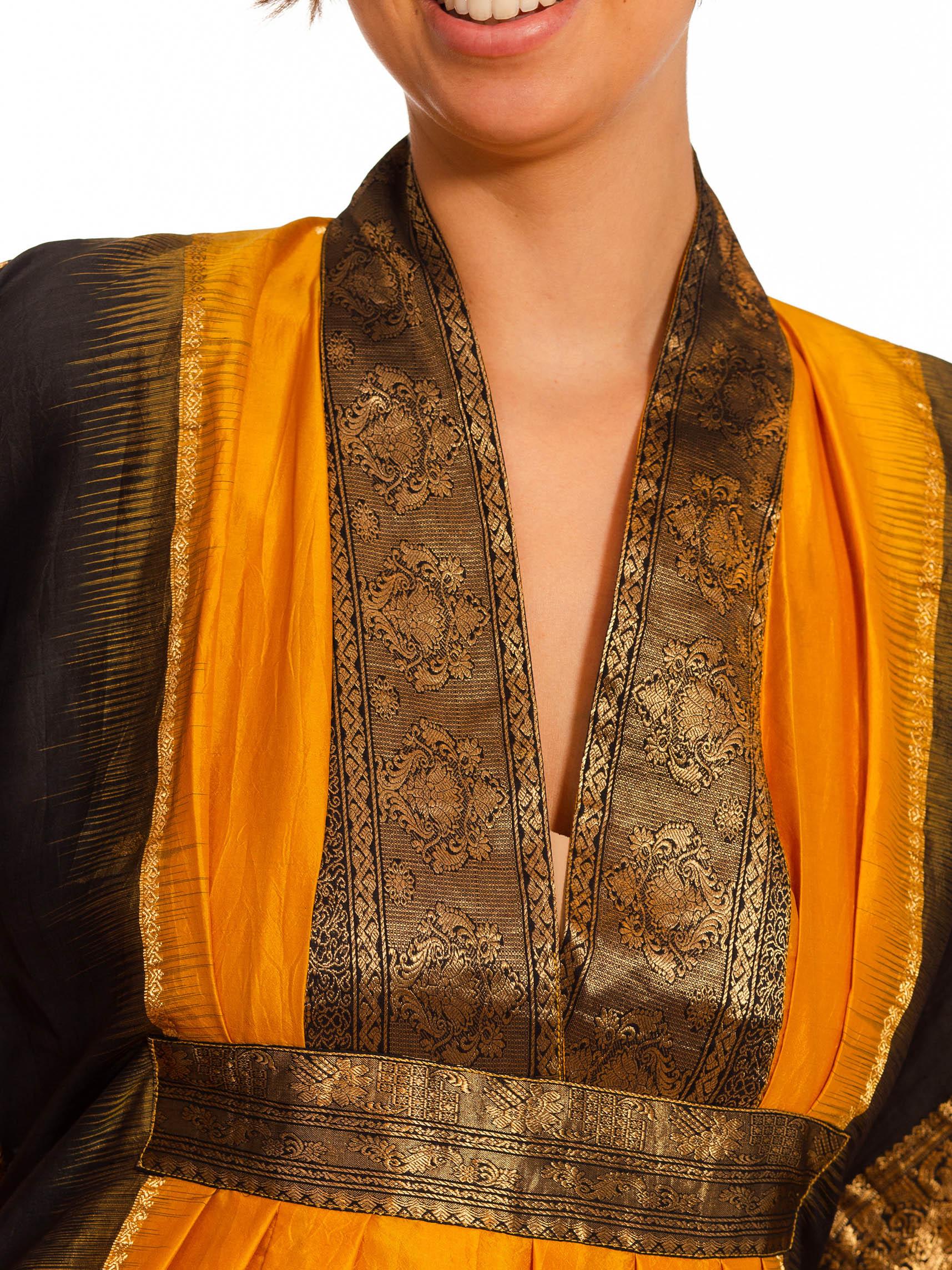 Morphew Collection Saffron, Black & Gold Silk Kaftan Made From Vintage Saris For Sale 4